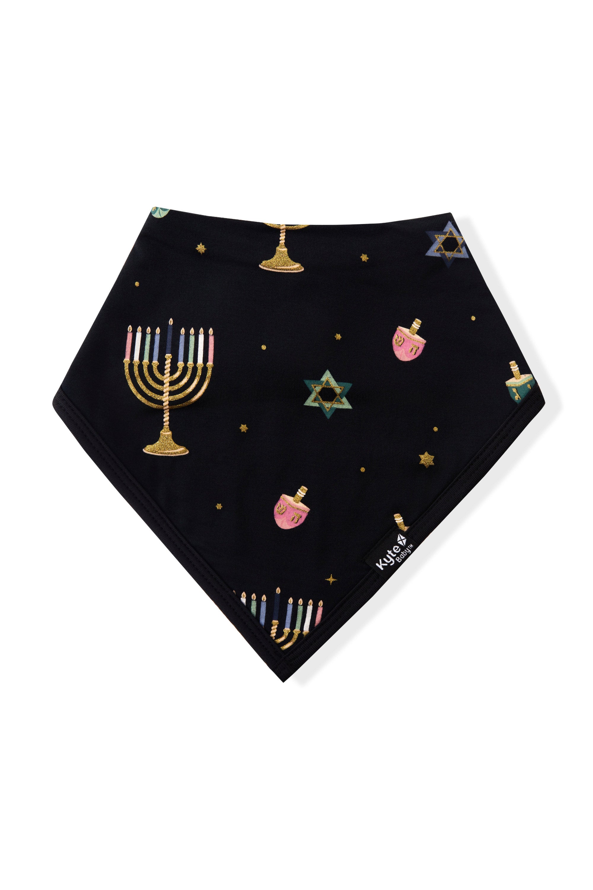 Black Bib in Hanukkah Nights print on a white background