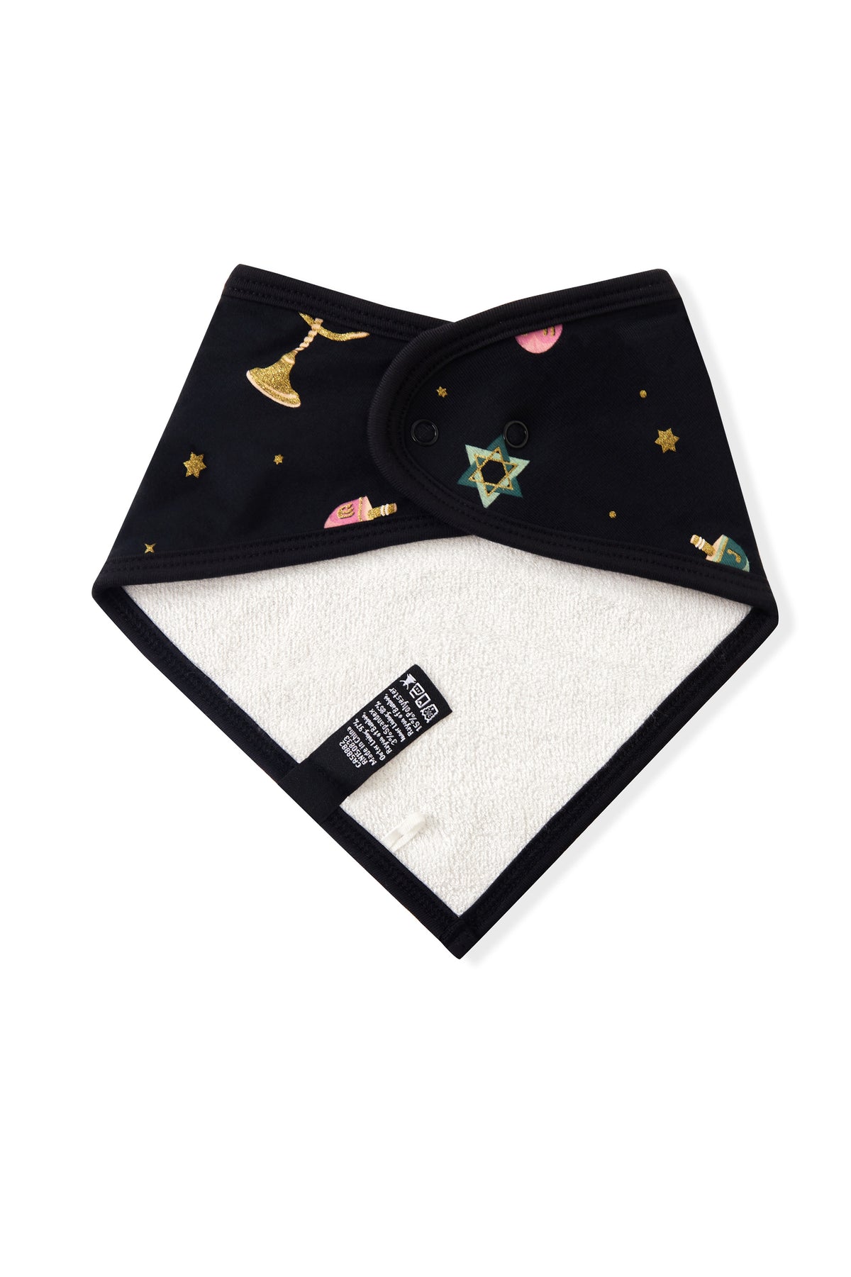 Back side of Black Bib in Hanukkah Nights print on a white background