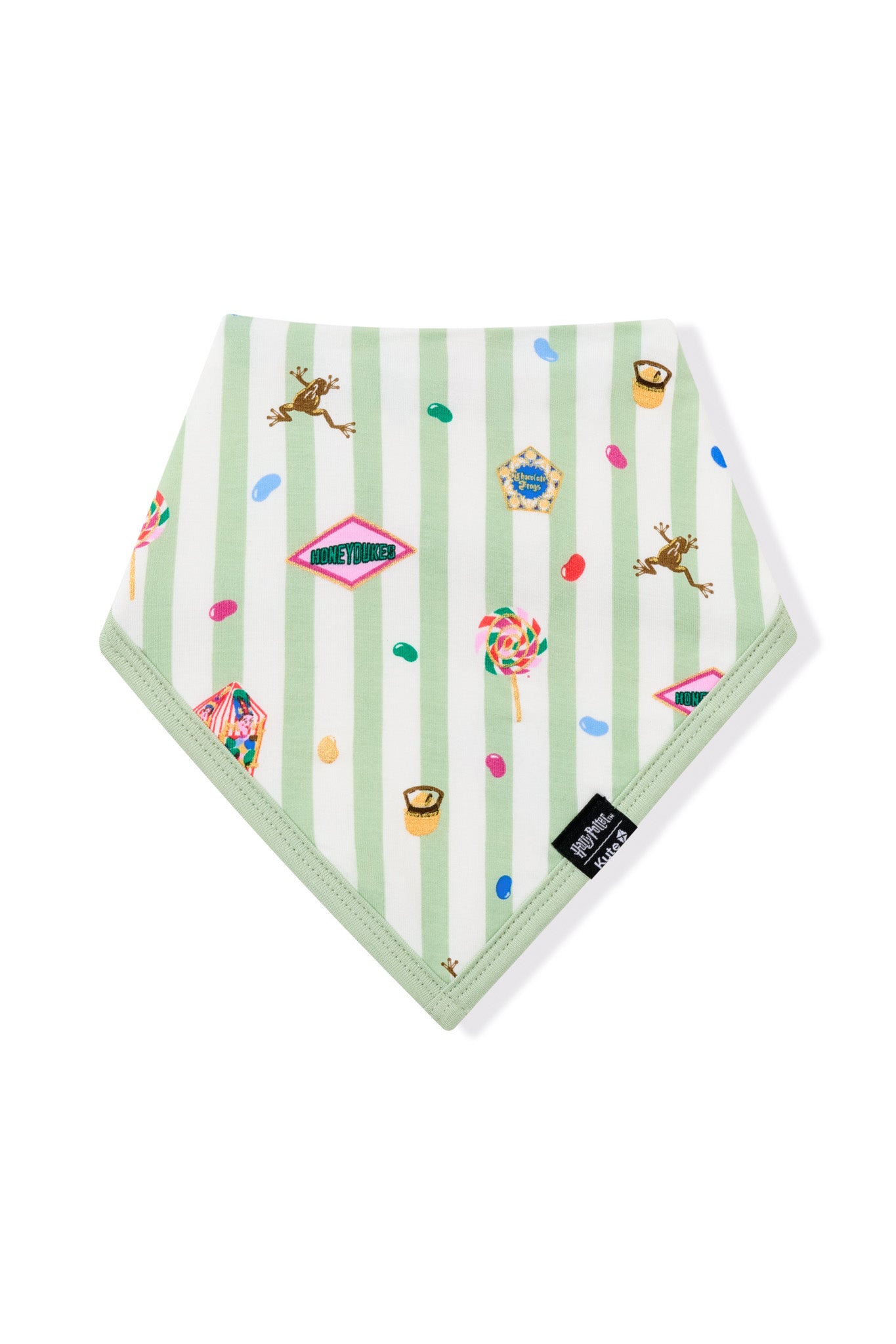 Green and white striped bib with colorful Harry Potter patterns on a white background