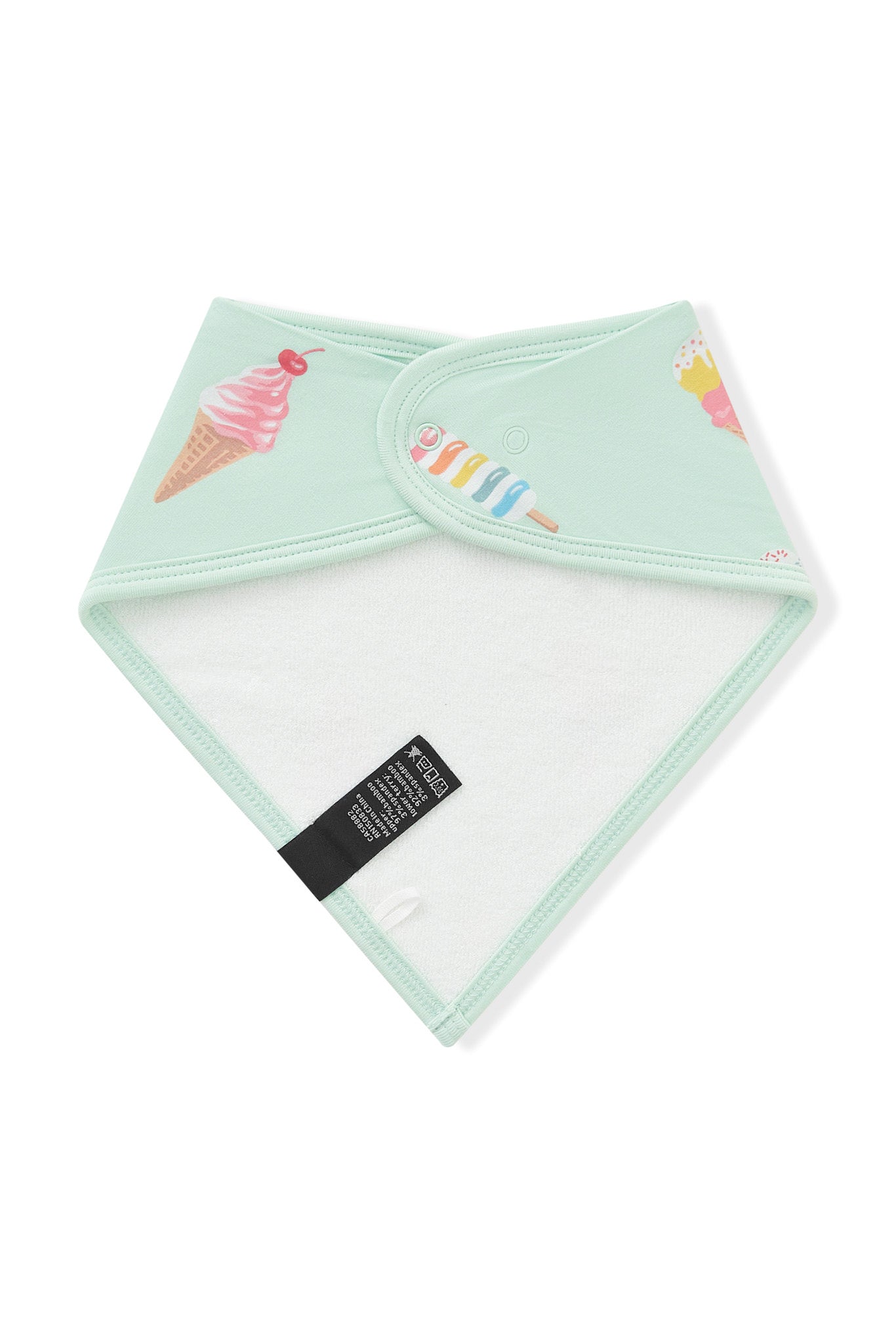 Back side of Mint Bib in Ice Cream print on white background