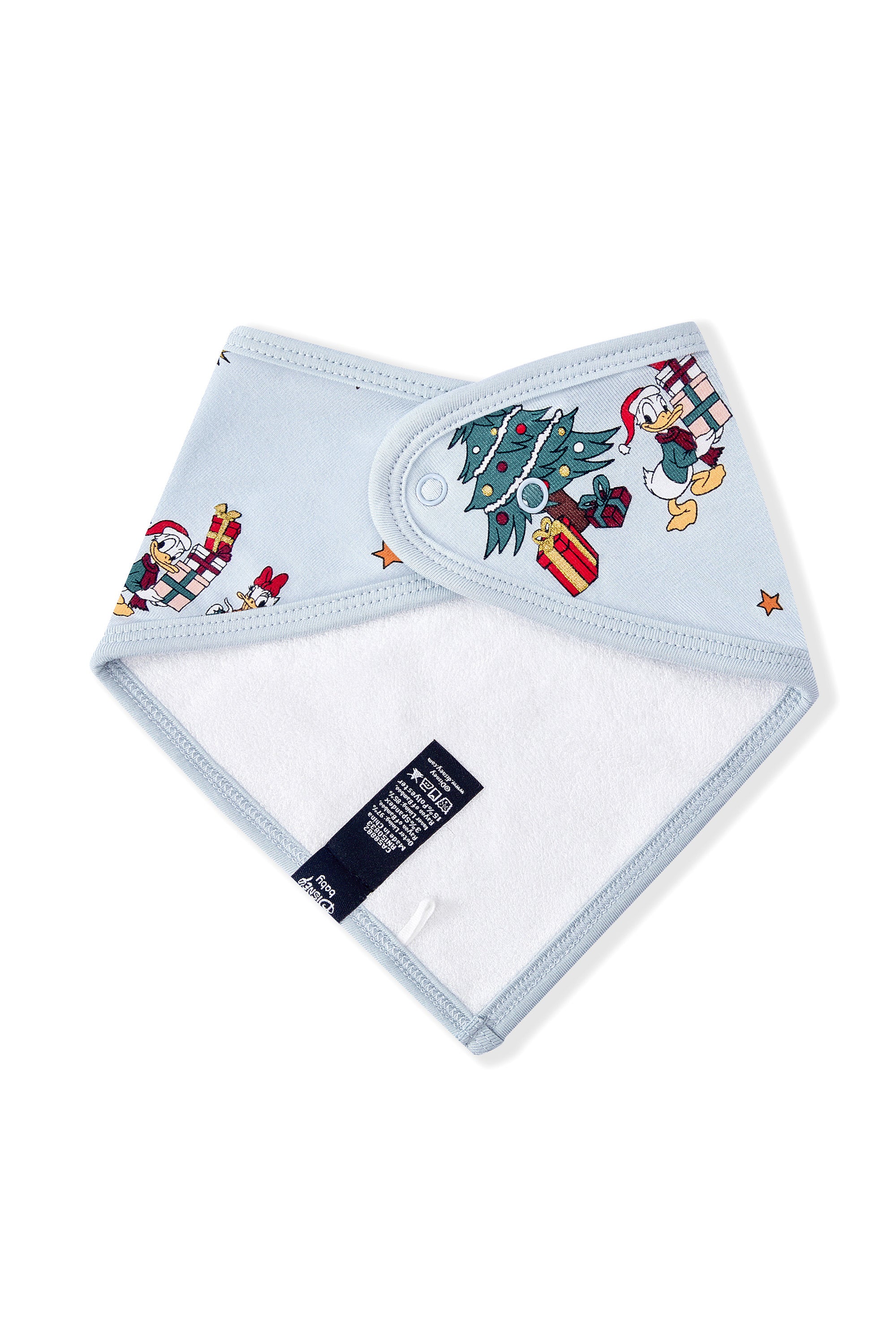 Back side of Bib in Mickey & Friends Christmas print with snap buttons on a white background