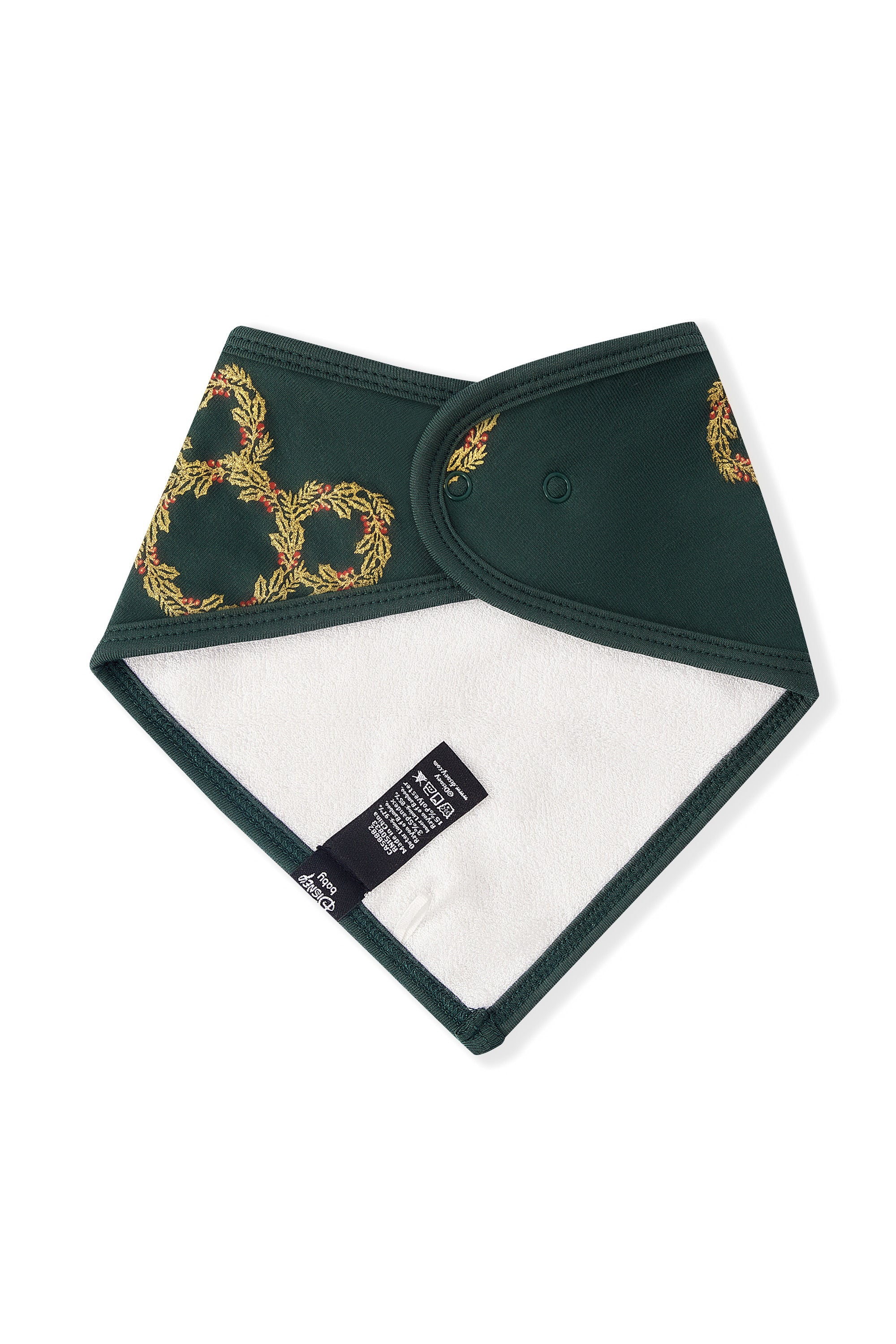 Back side of Bib in Mickey Christmas Wreath print with snap buttons on a white background