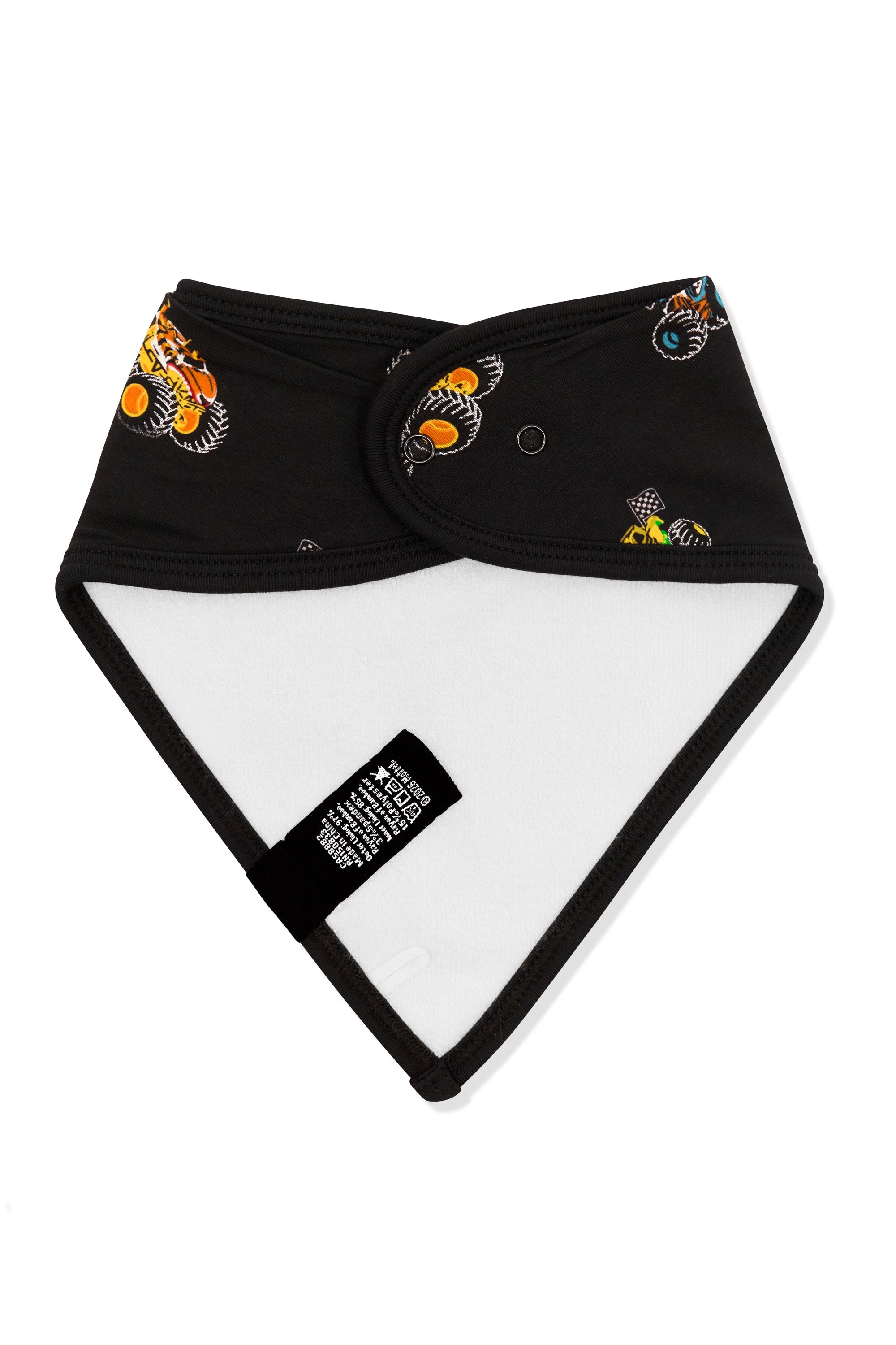 Back side of Bib in Monster Truck print on white background