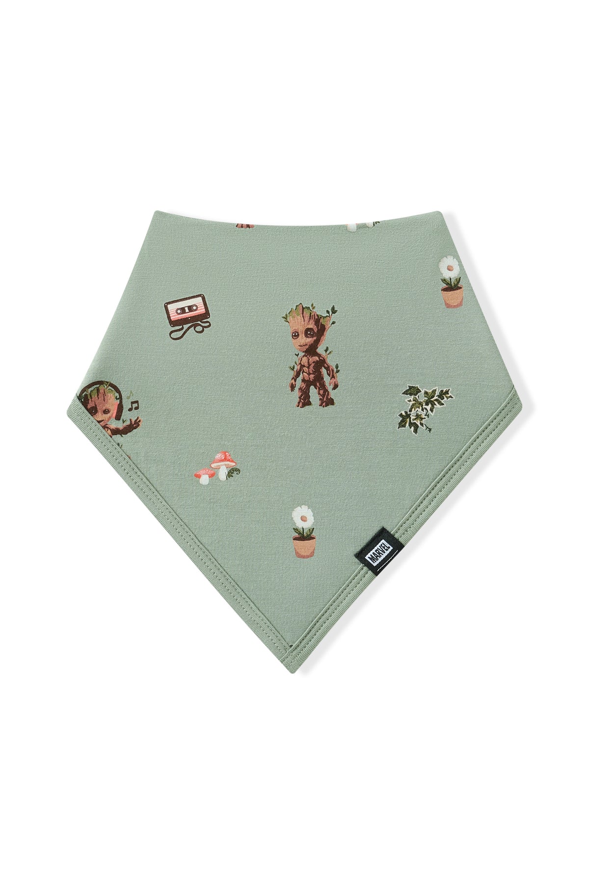 Green Bib with Groot print on white background