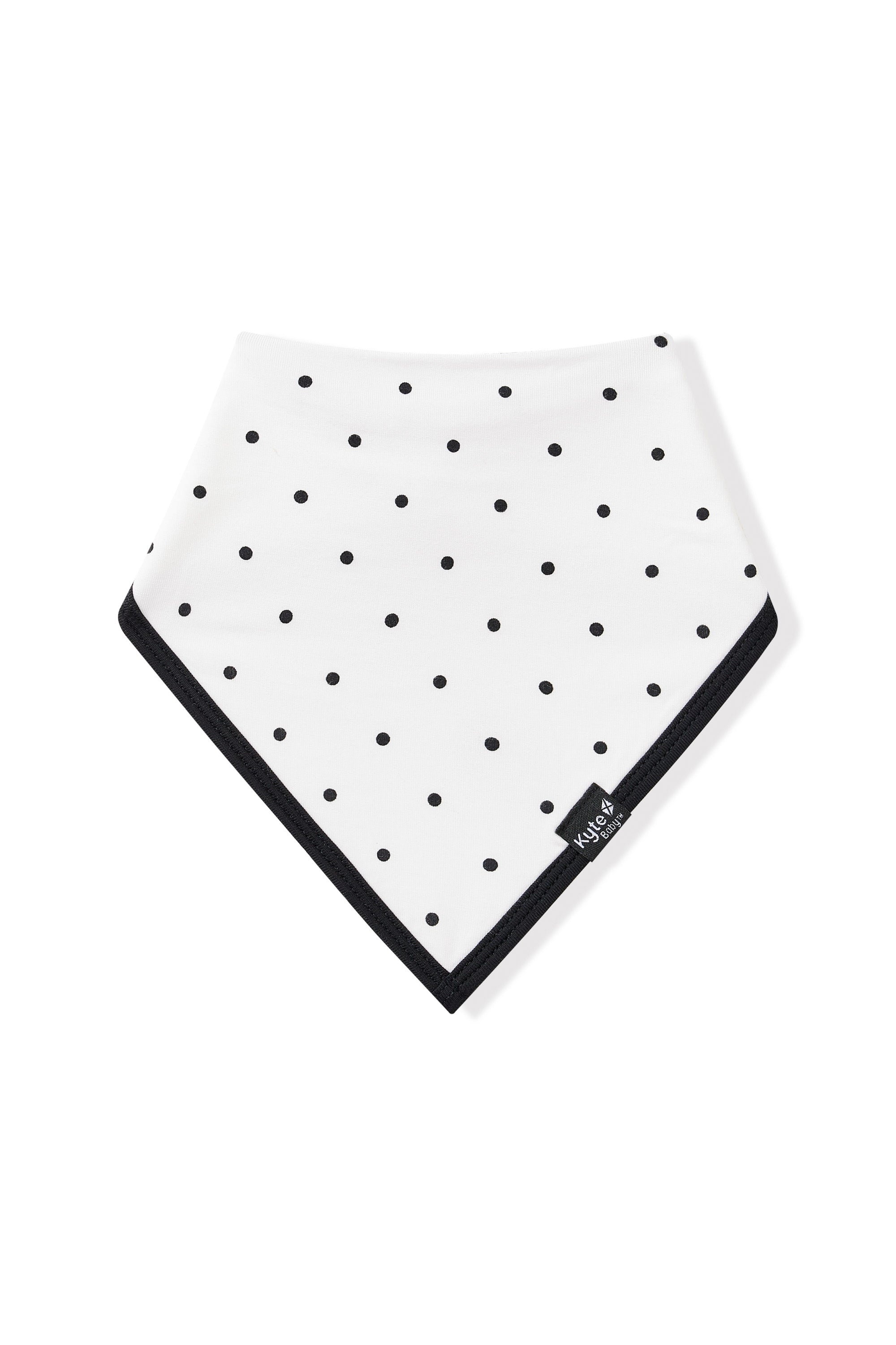 Bib in Midnight Polka Dot with black trim on white background