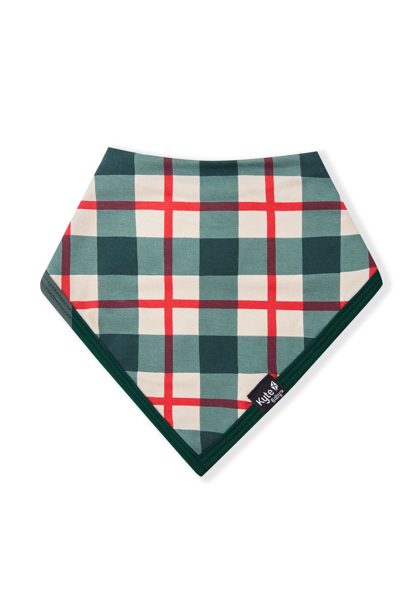 A triangular baby bib bandana featuring a green, white, and red plaid pattern with a solid dark green border, displayed on a clean white background.