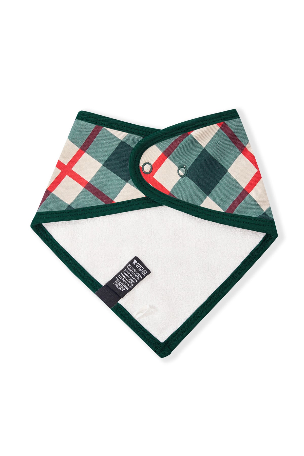 A baby bandana bib with a green, beige, and red plaid pattern on the front and a soft white fleece lining, featuring dark green trim and a black brand tag.