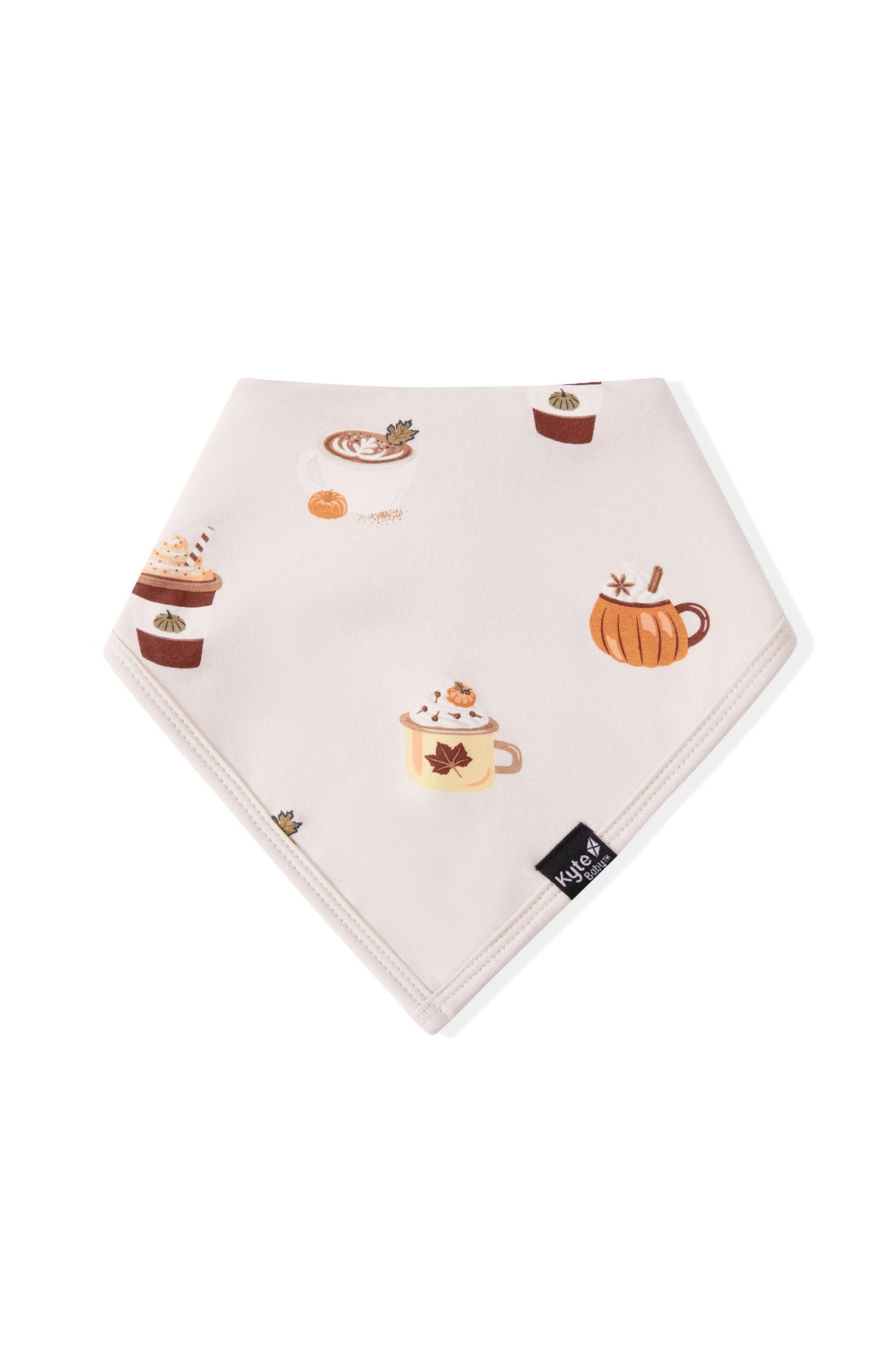 Bib in Pumpkin Spice Latte print on a white background