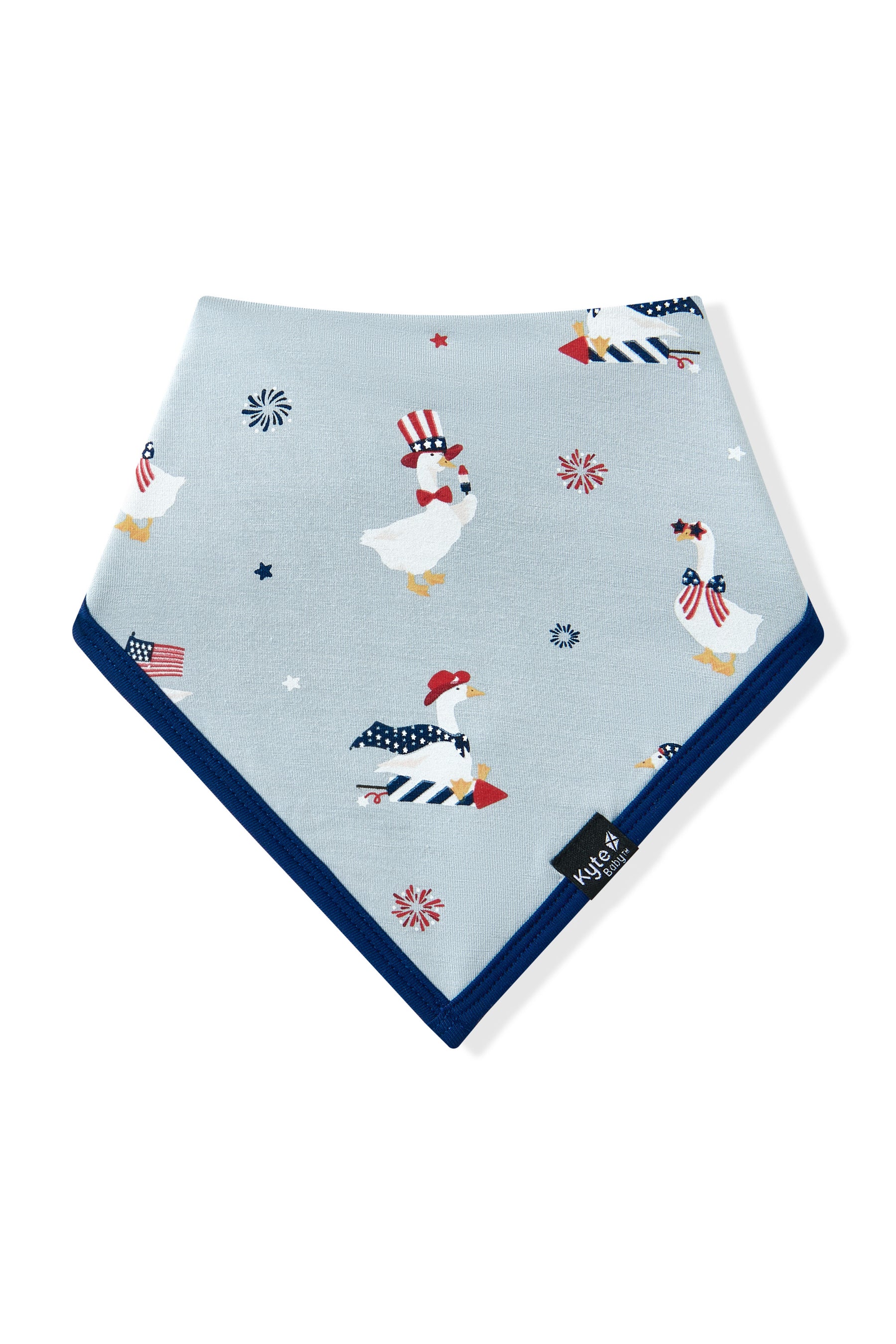 Patriotic Goose print bib on a light blue fabric with a navy trim on a white background