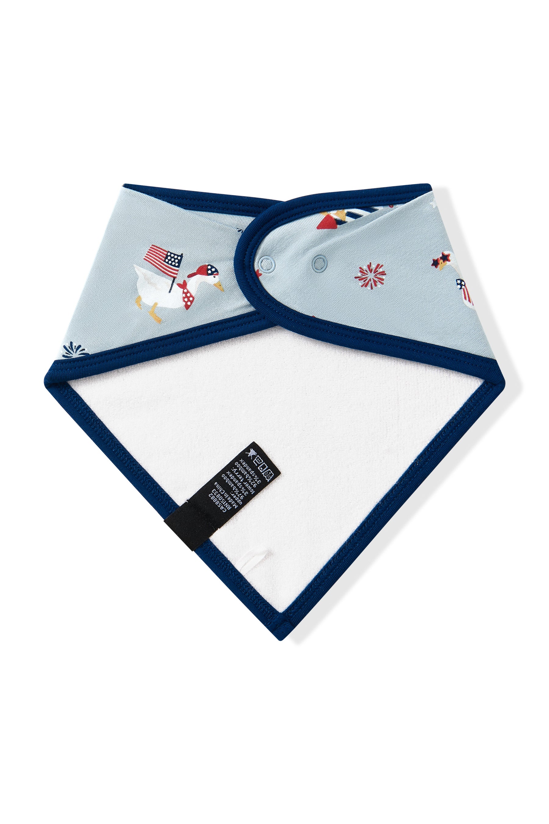 Back side of Patriotic Goose print bib on a light blue fabric with a navy trim on a white background