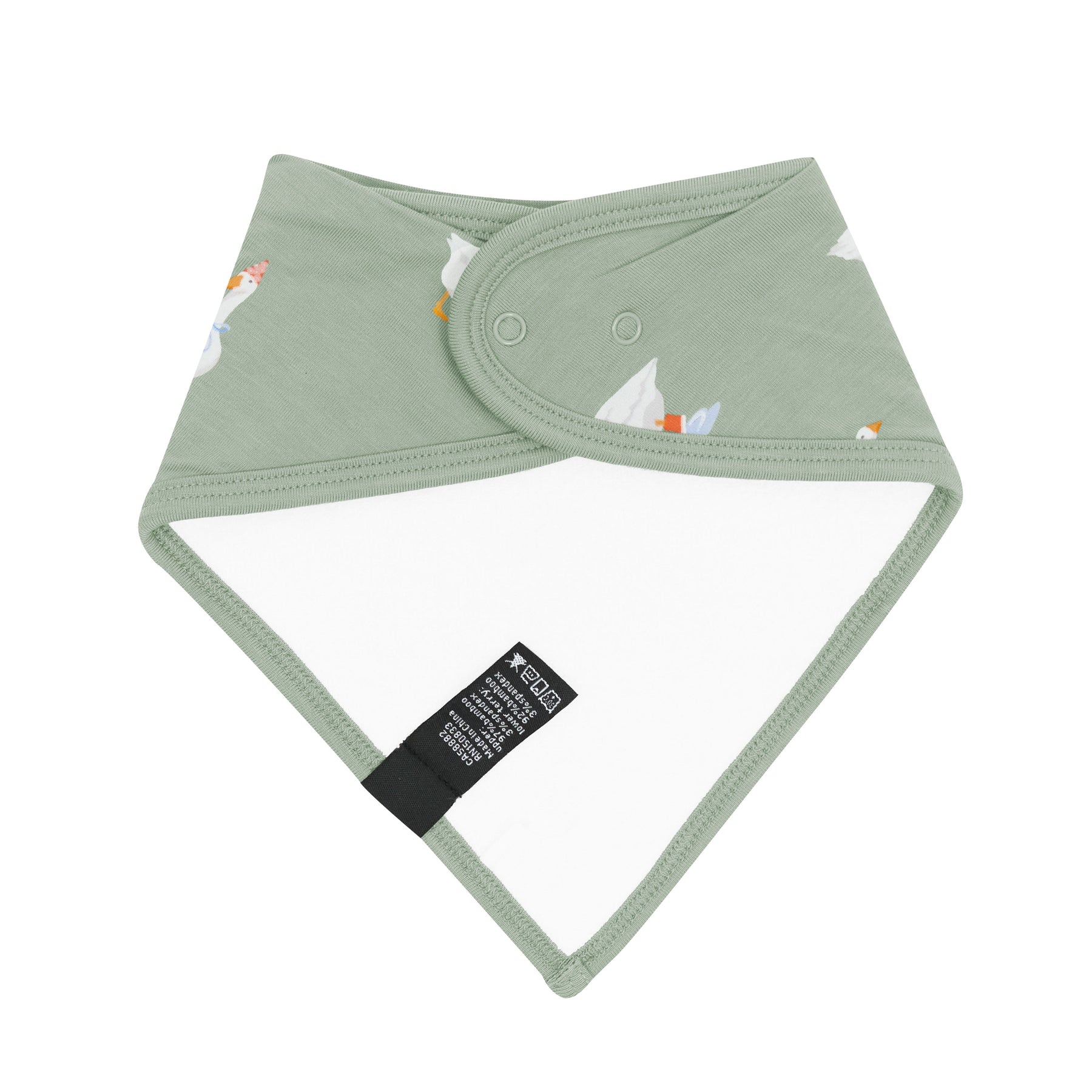 The back of the Bib in Silly Goose showing the snap closures and bamboo terry backing