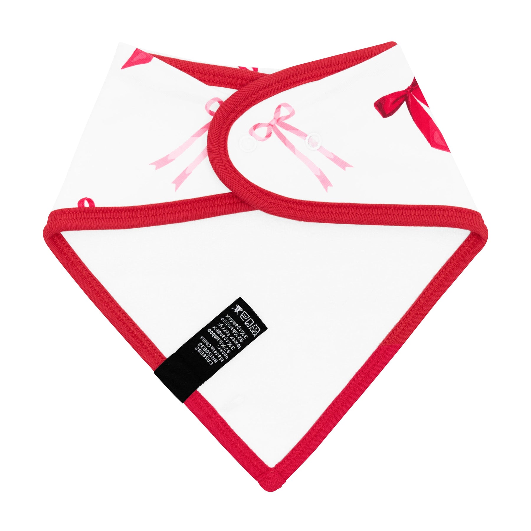 Back of the Bib in Small Love Bow showing the absorbent bamboo terry backing and snap closures