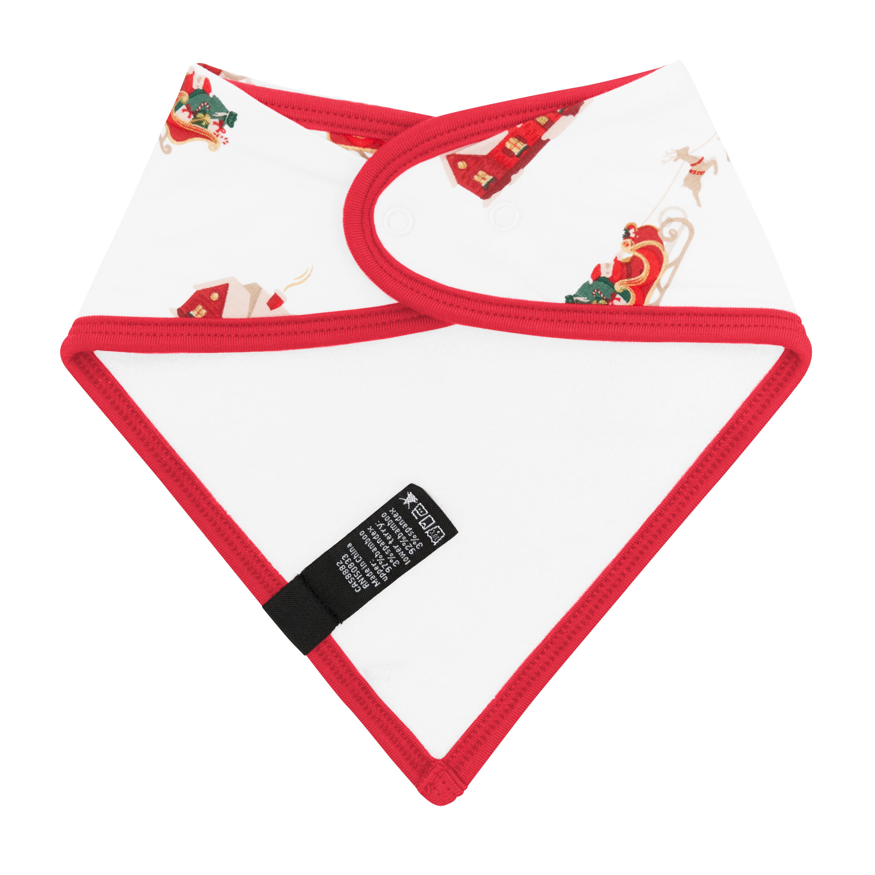 The back of the Bib in Santa Sleigh showing the snap closure and the bamboo terry cloth backing