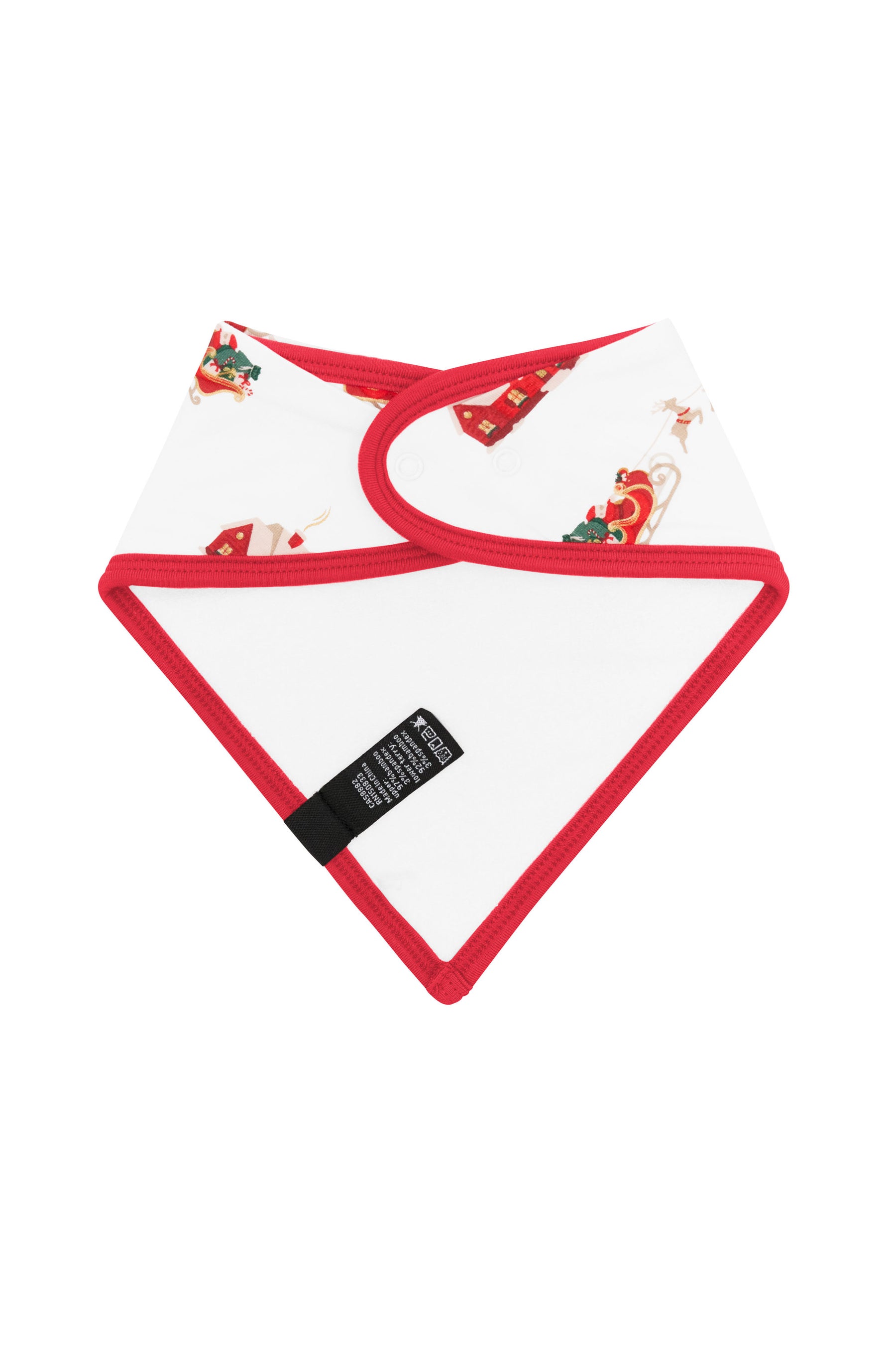 The back of the Bib in Santa Sleigh showing the snap closure and the bamboo terry cloth backing