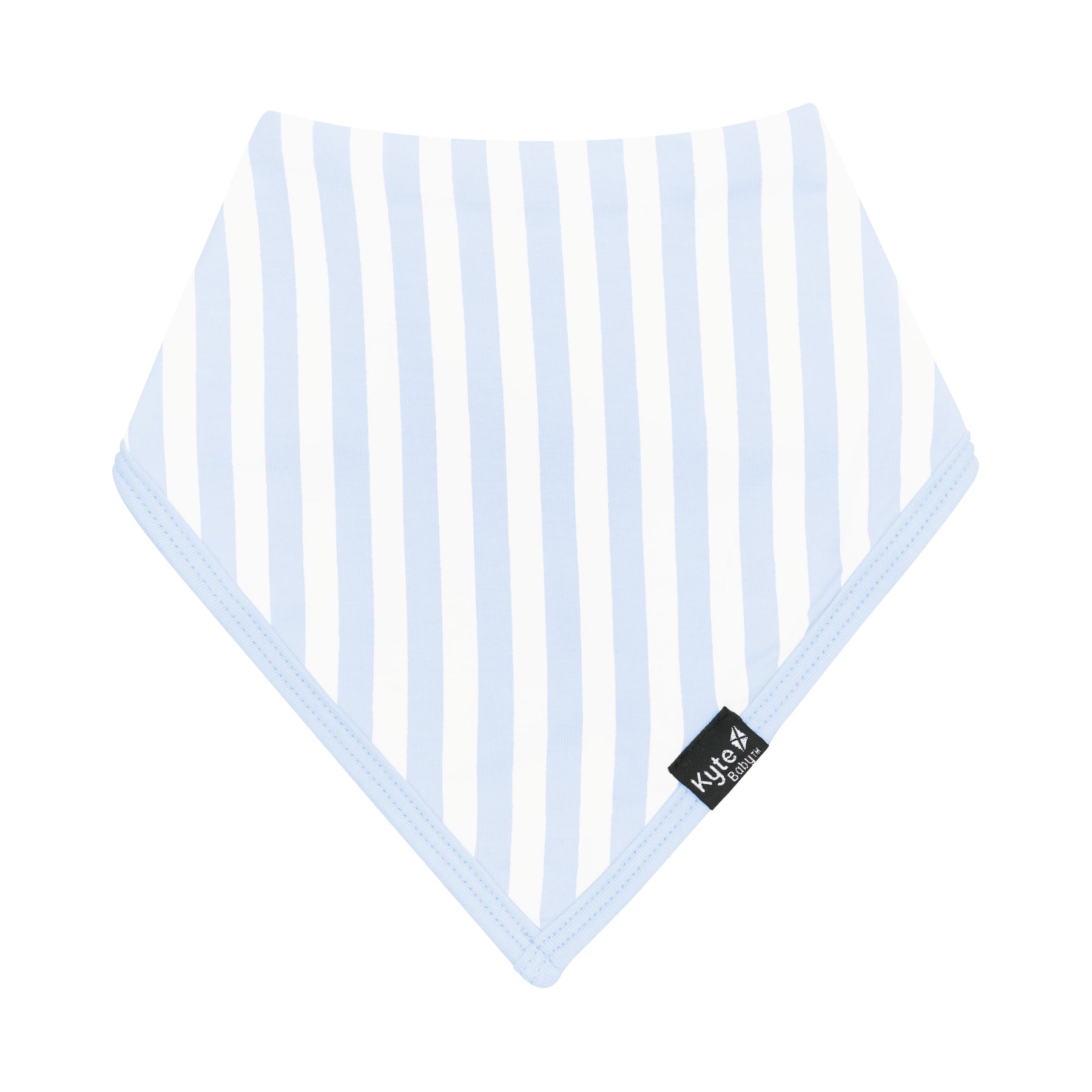 The front of the Bib in Small Mist Stripe with the Kyte Baby logo tag visible