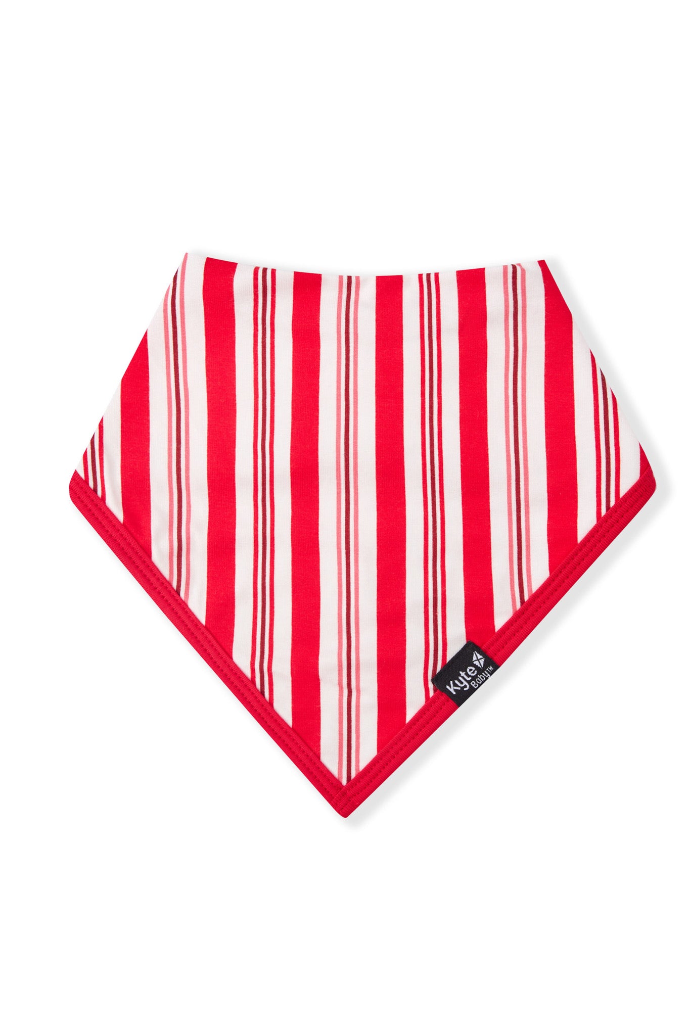 Bib in red and white Peppermint Stripes print on a white background