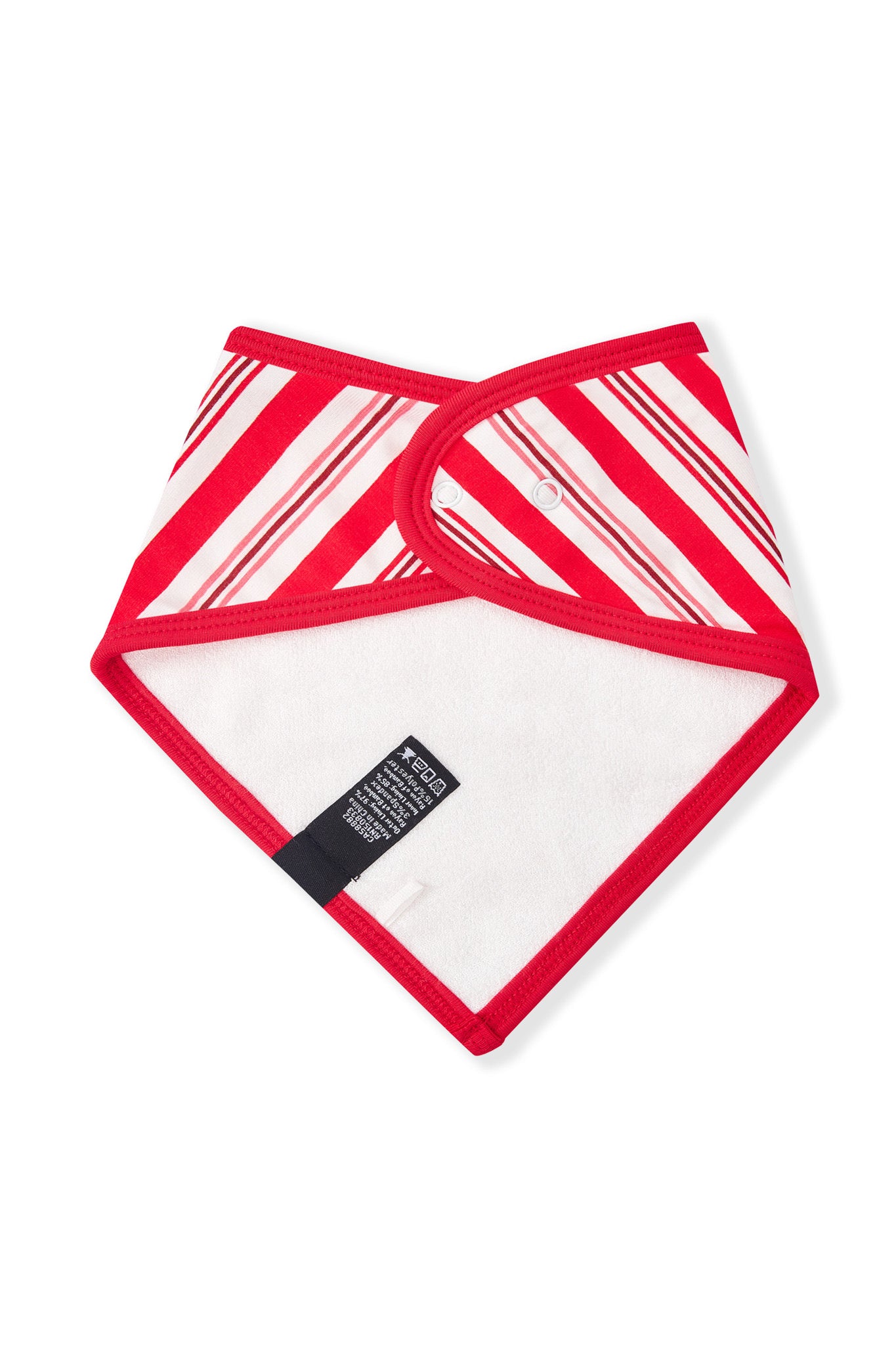 White fabric on back side of Bib in red and white Peppermint Stripes print on a white background