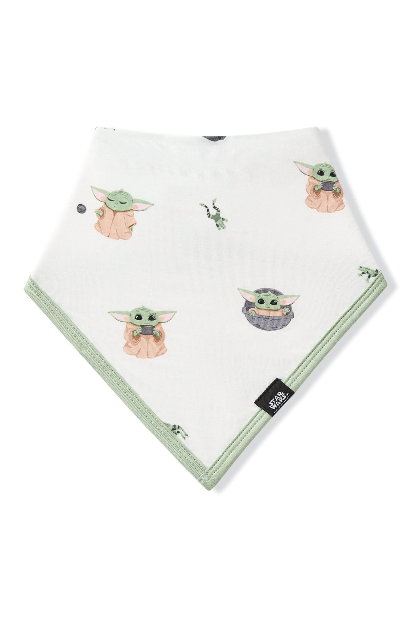 Front of the Bib in Grogu™ showing the light green trim and black kyte baby logo tag