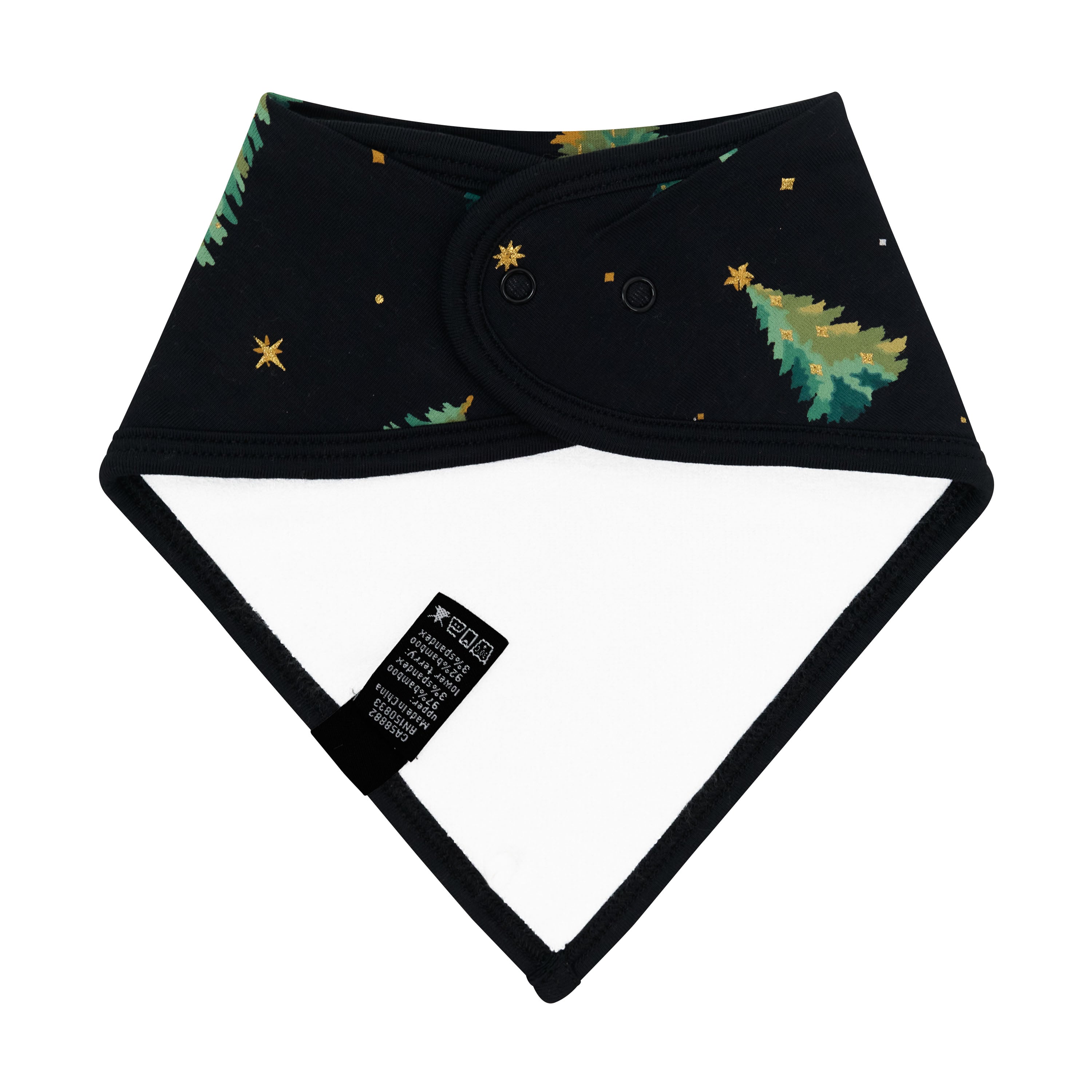 The snap closures and bamboo terry cloth backing shown on the Bib in Twinkle Tree