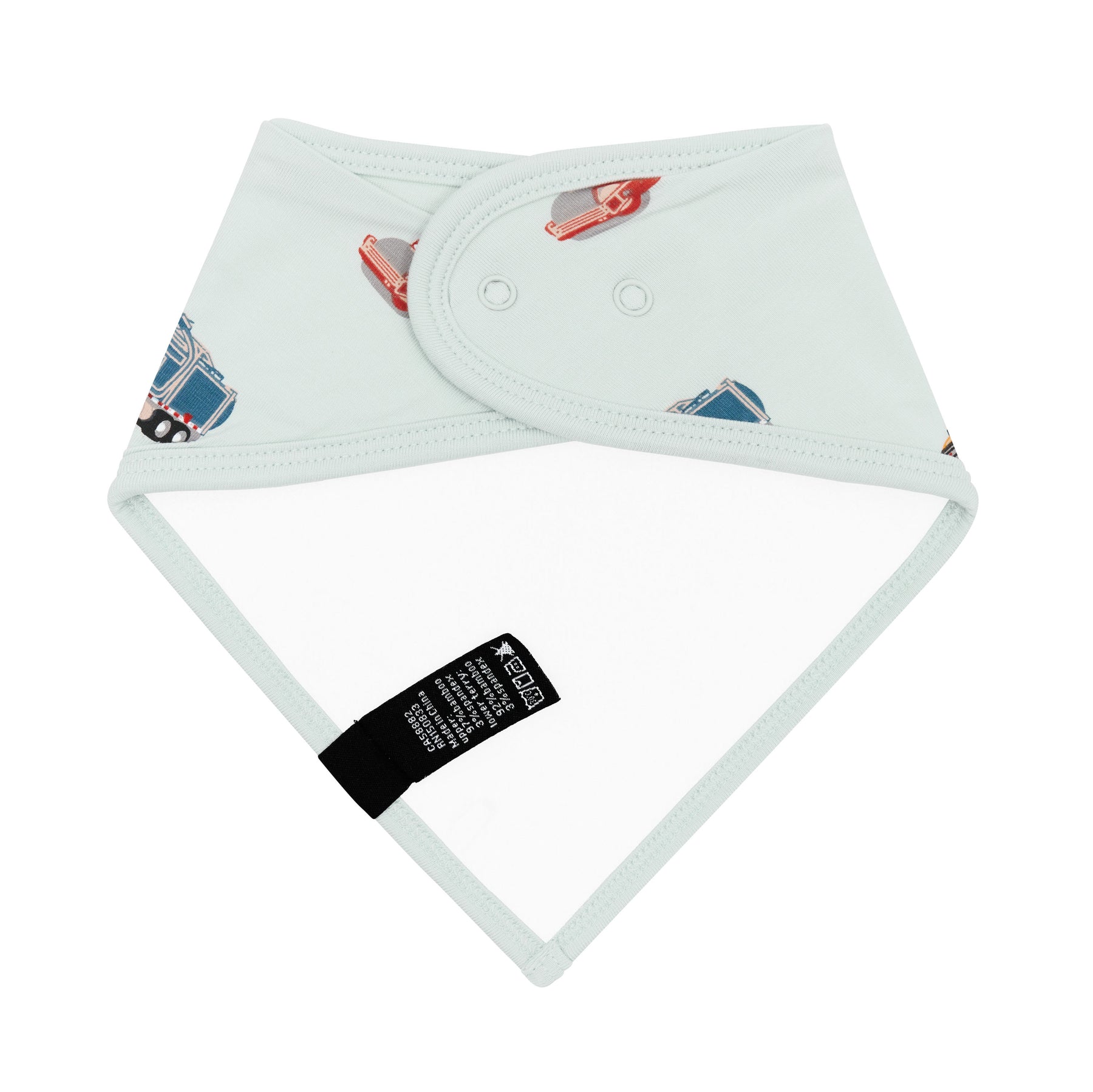 Back of the Bib in City Vehicles showing the snap closure and absorbent bamboo terry cloth backing