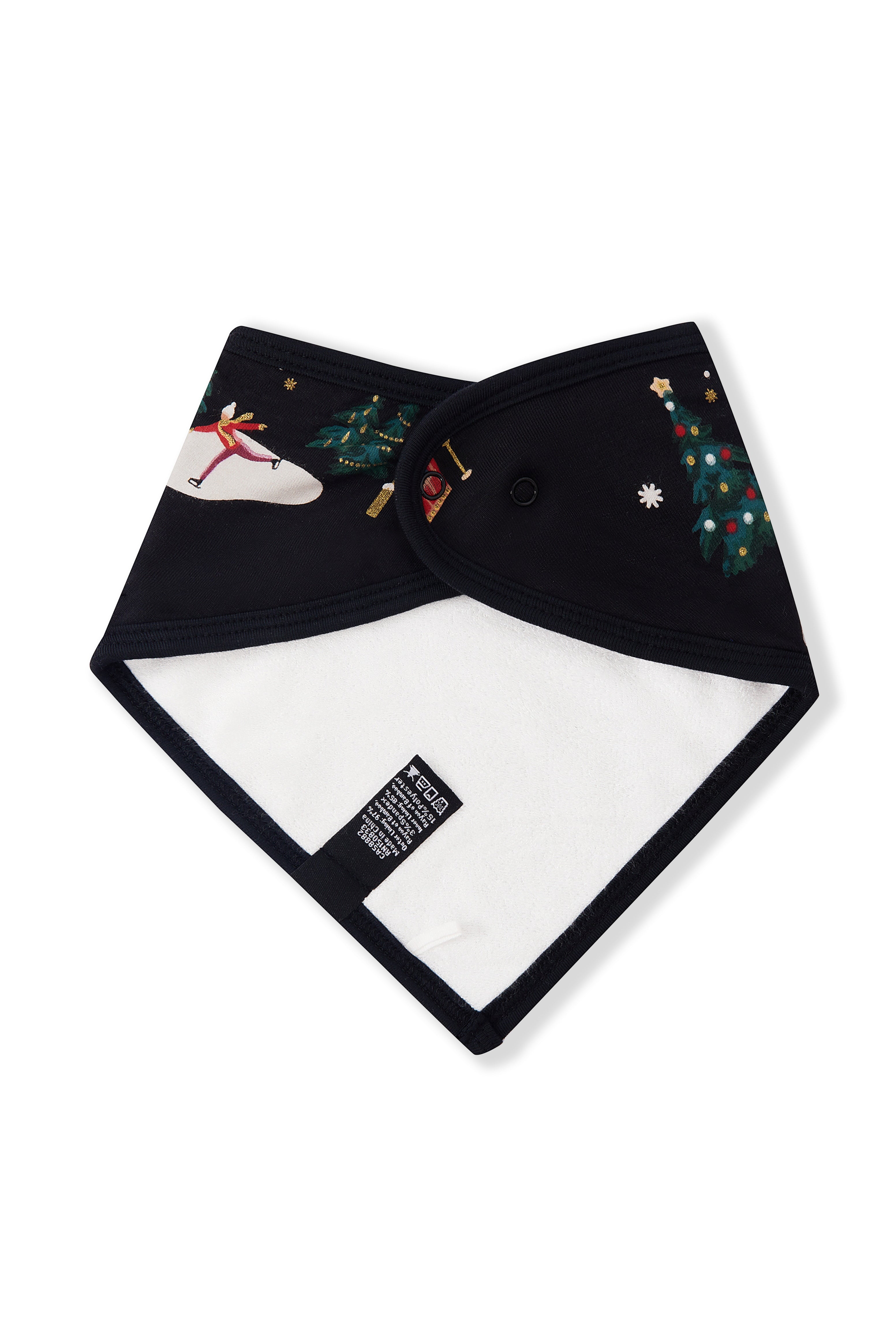 A black triangular bandana-style hair tie with a white inner lining and Christmas-themed printed designs on the outer fabric, shown on a plain white background.