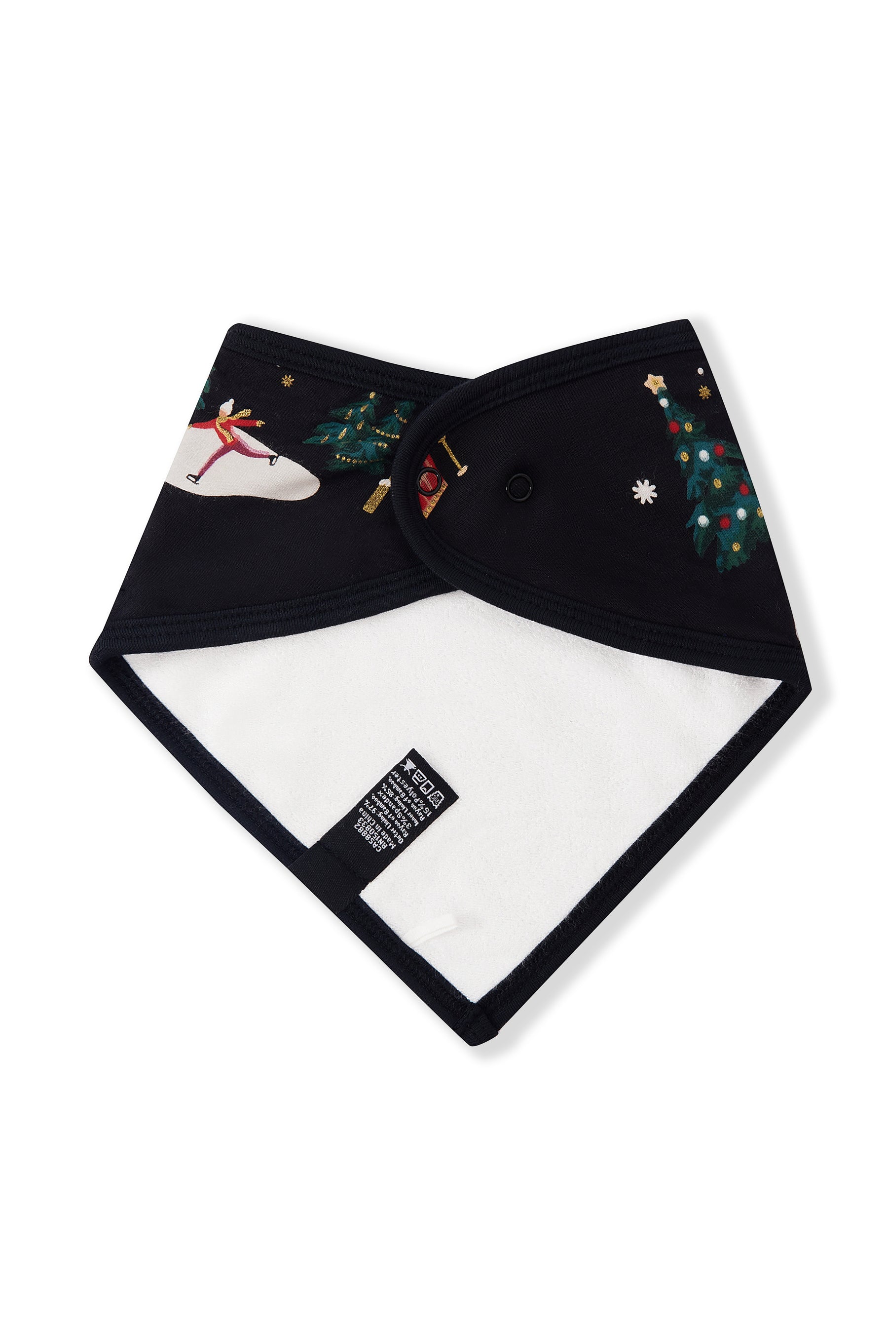 A black triangular bandana-style hair tie with a white inner lining and Christmas-themed printed designs on the outer fabric, shown on a plain white background.