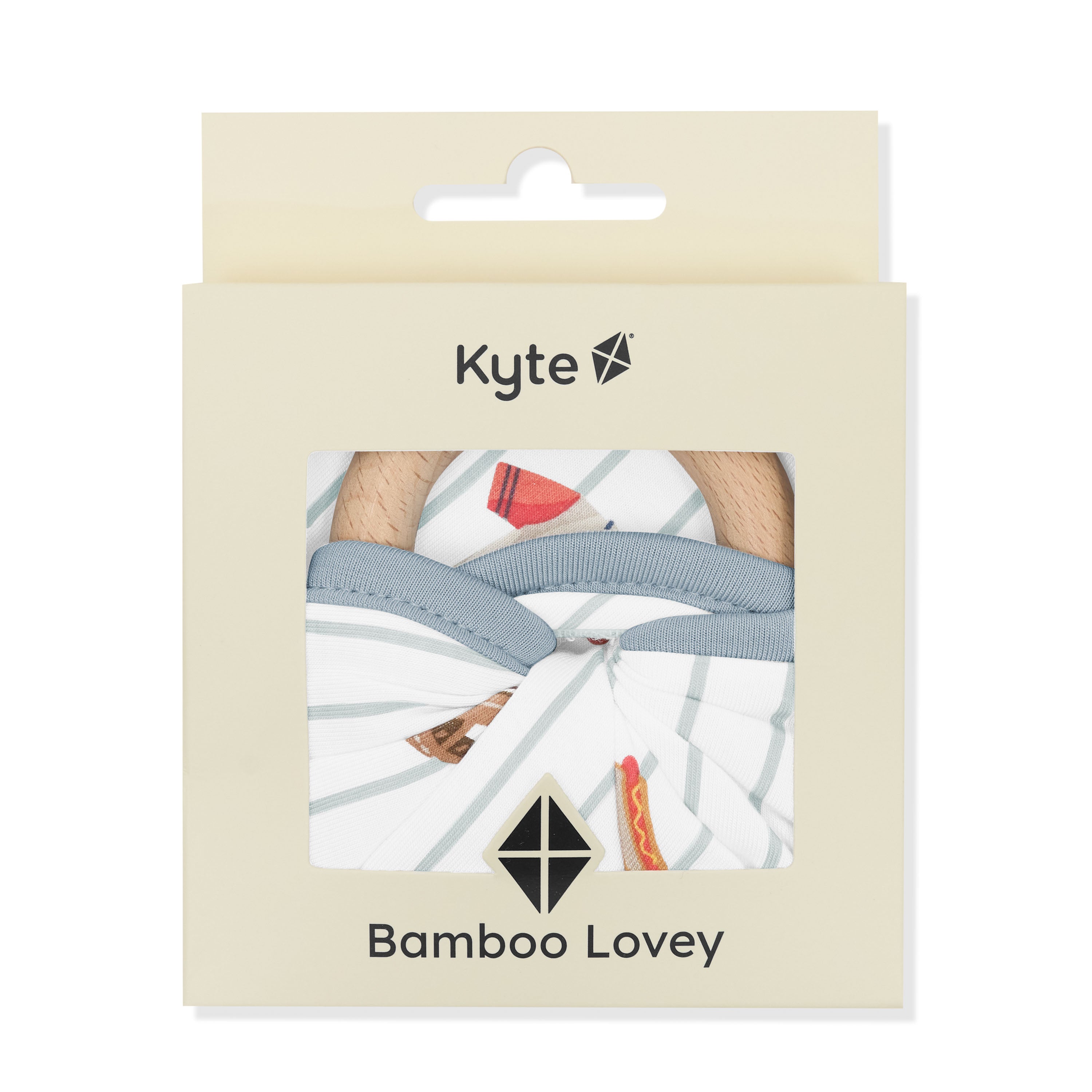 Lovey in Home Run with Removable Wooden Teething Ring shown in its box packaging