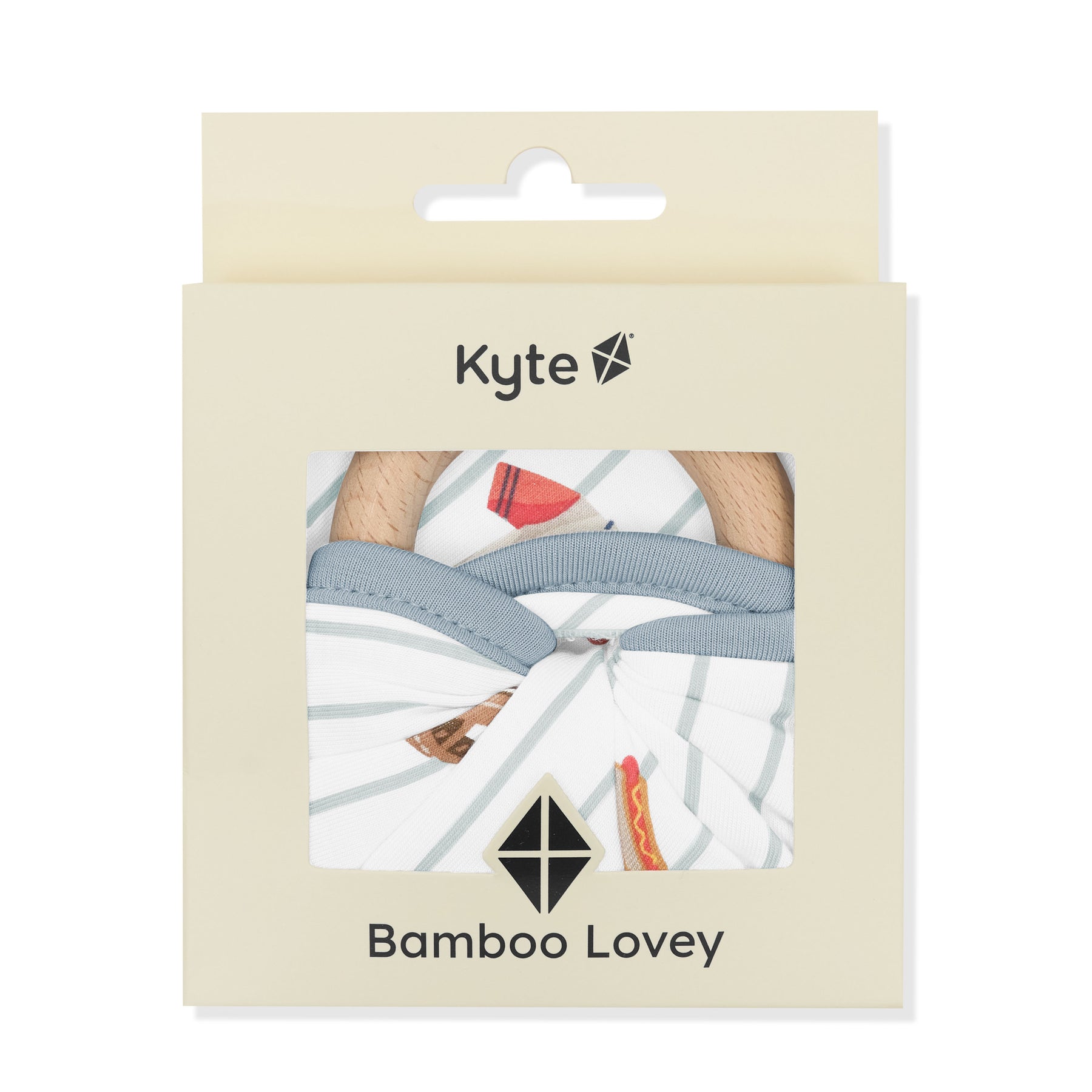 Lovey in Home Run with Removable Wooden Teething Ring shown in its box packaging