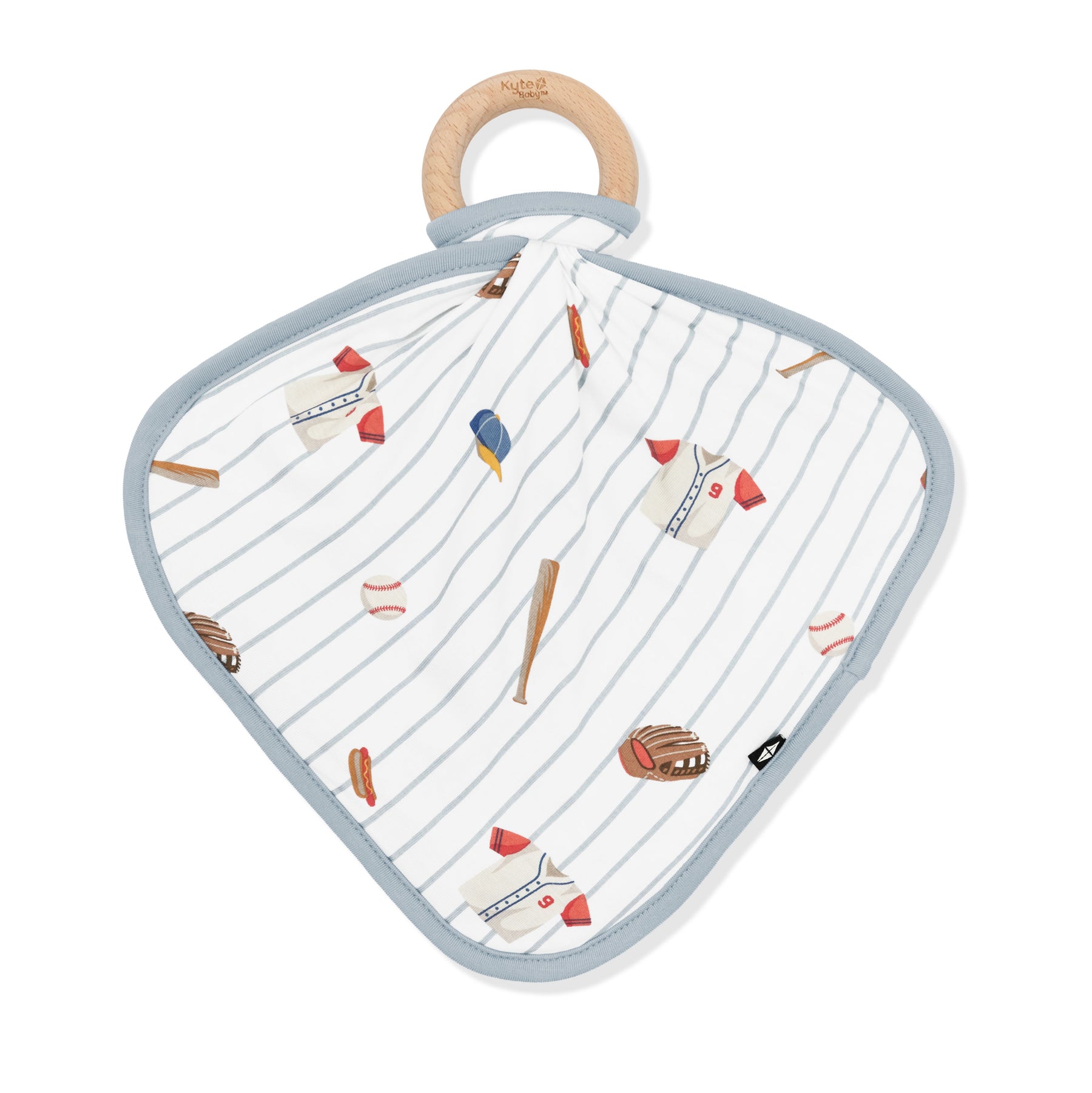 The front of the Lovey in Home Run with Removable Wooden Teething Ring showing the baseball smooth top layer attached to a wooden ring