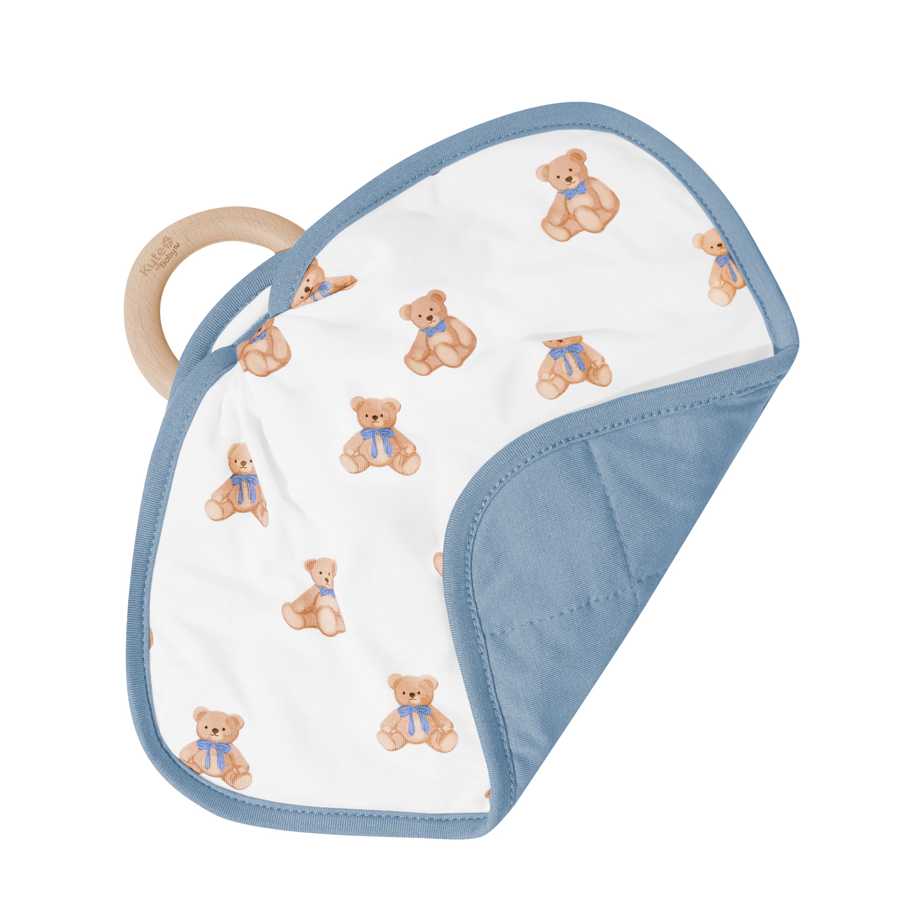 Lovey in Teddy Bear with Removable Wooden Teething Ring shown looped through the wooden ring with the corner flipped over showing the blue backing