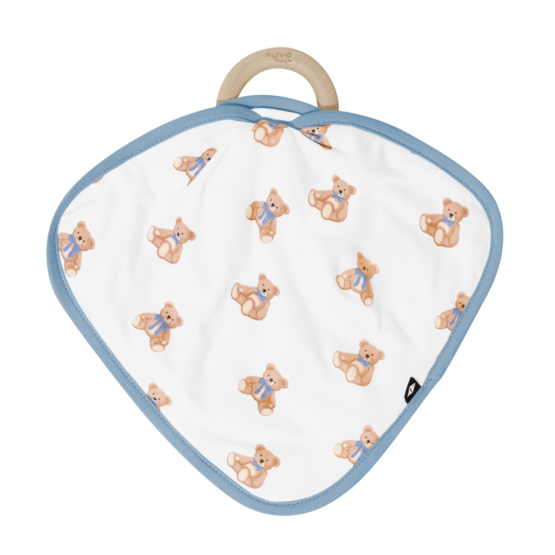 Front of the Lovey in Teddy Bear with Removable Wooden Teething Ring shown looped through the wooden ring