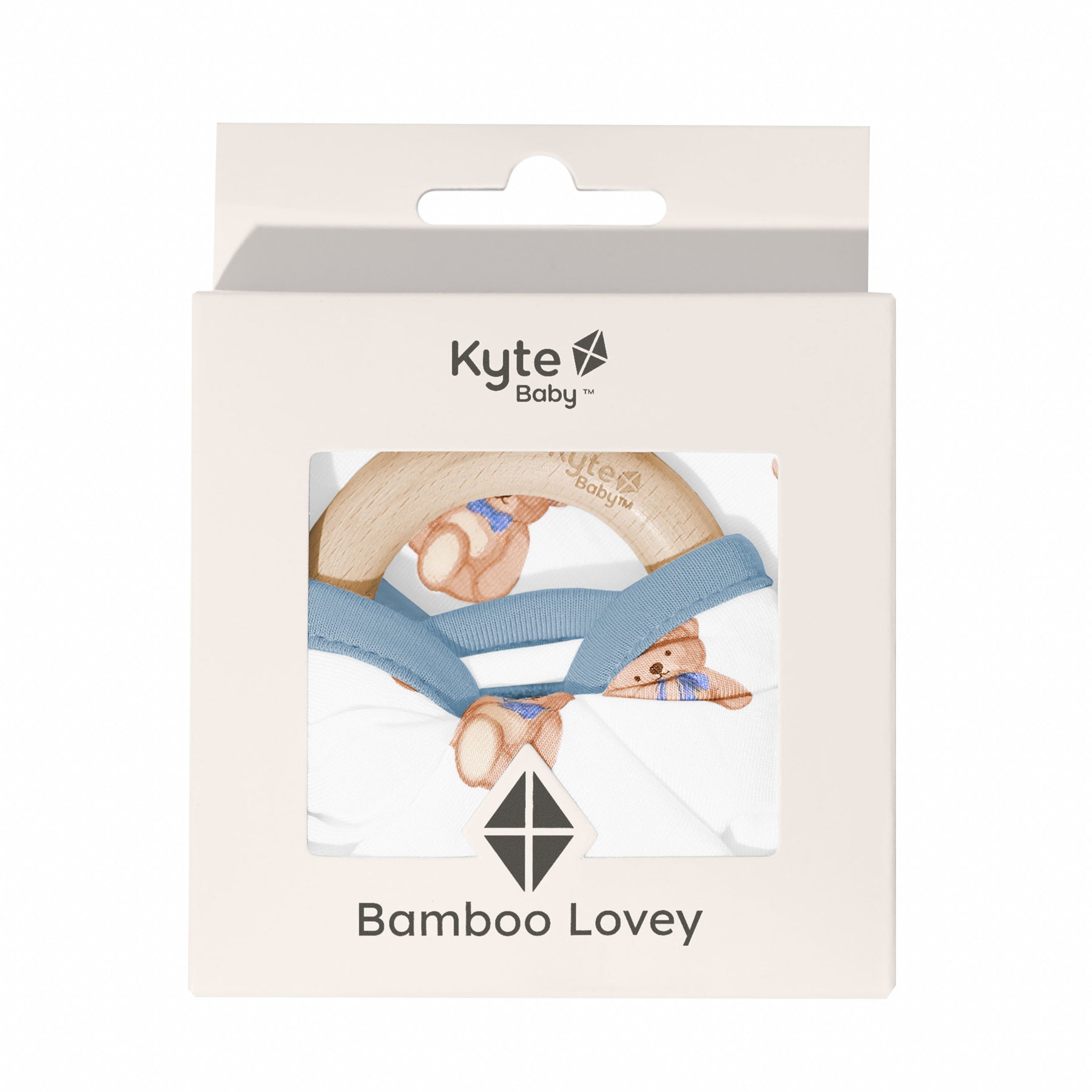 Lovey in Teddy Bear with Removable Wooden Teething Ring shown in its packaging