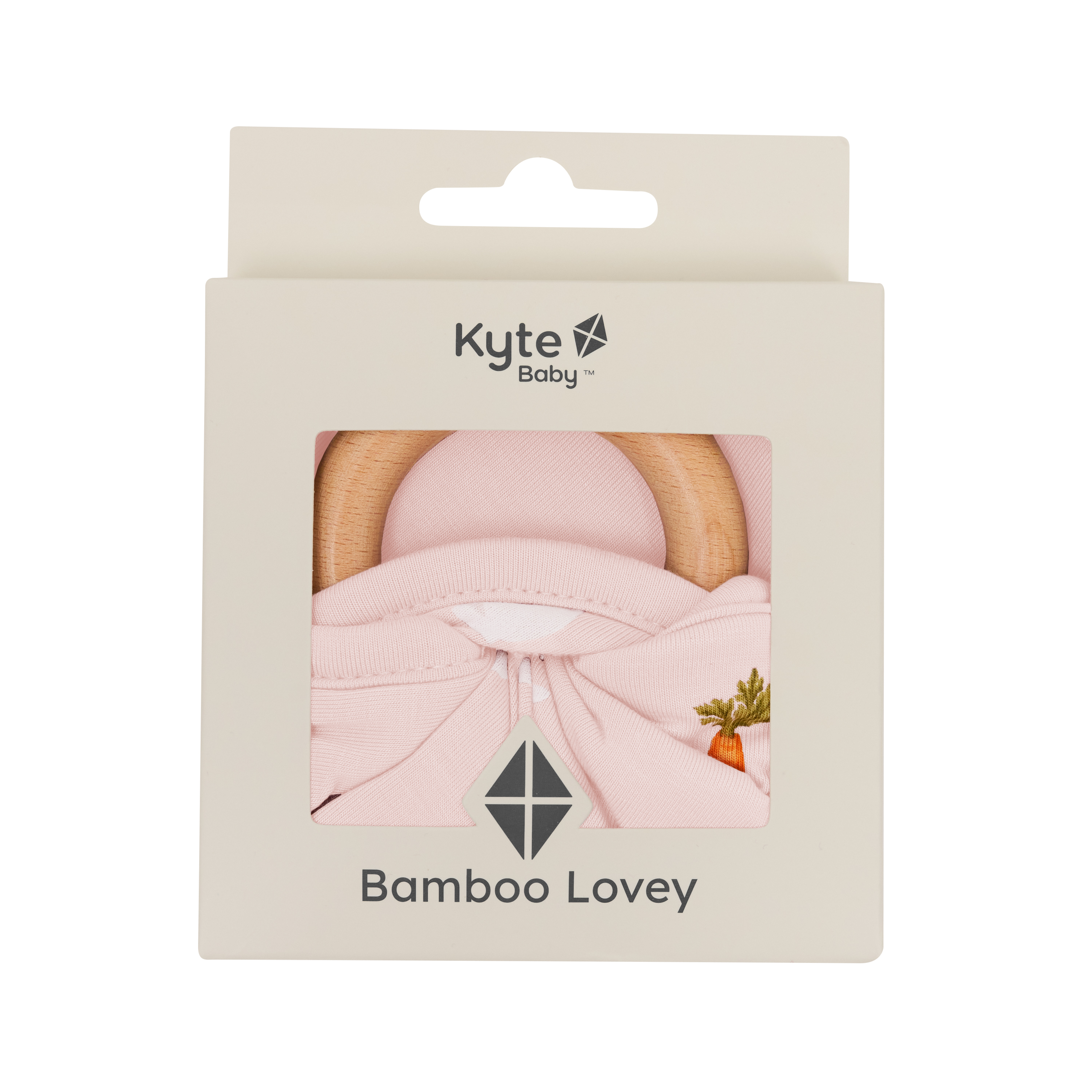 packaging of Lovey in Blush Rabbit with Removable Wooden Teething Ring