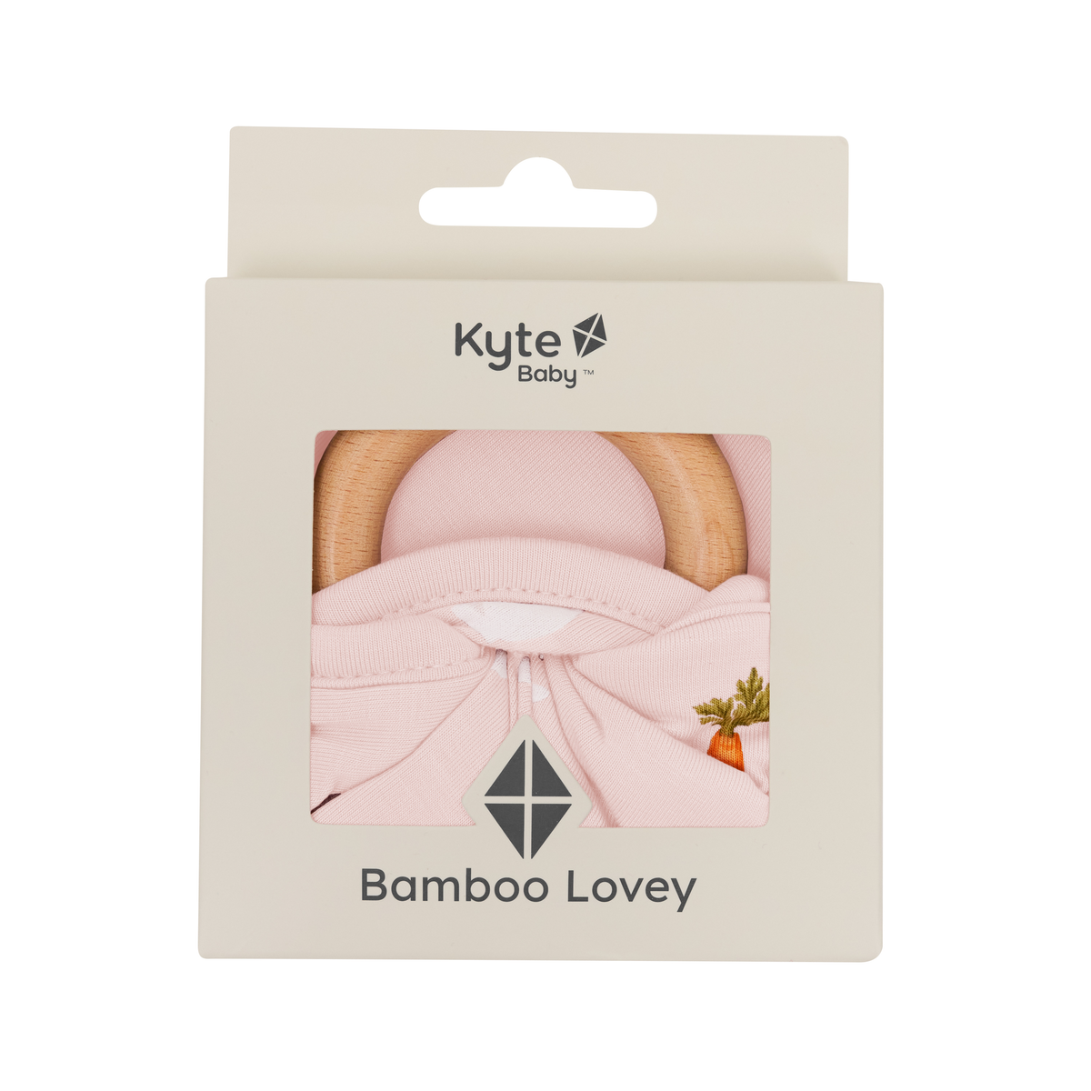 packaging of Lovey in Blush Rabbit with Removable Wooden Teething Ring