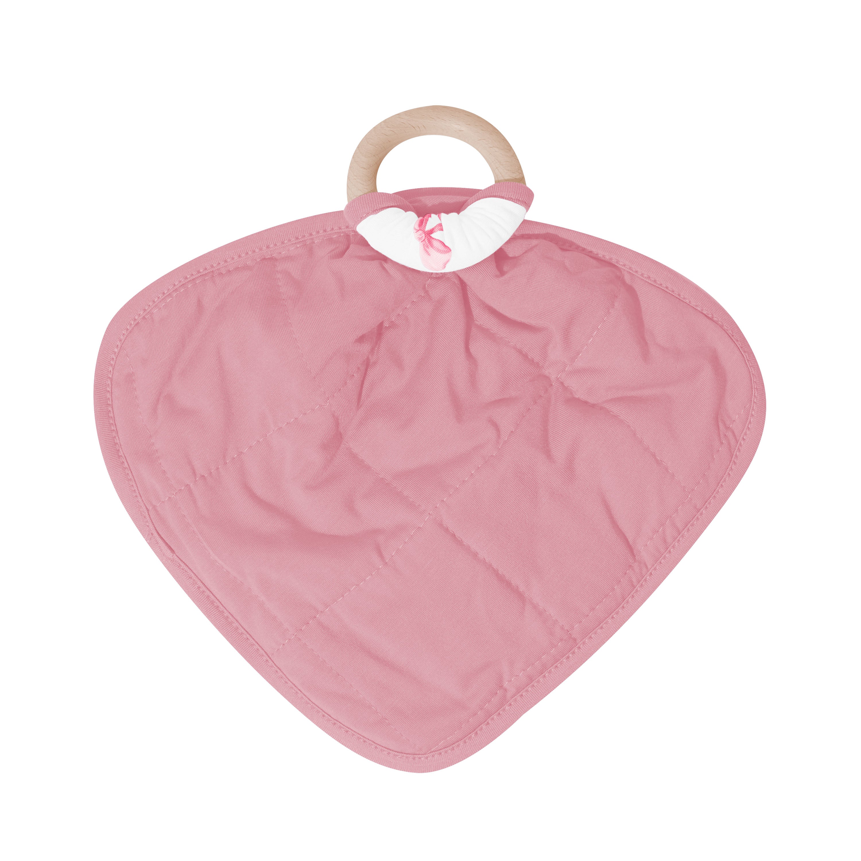 The back of the Lovey in Bow with Removable Wooden Teething Ring