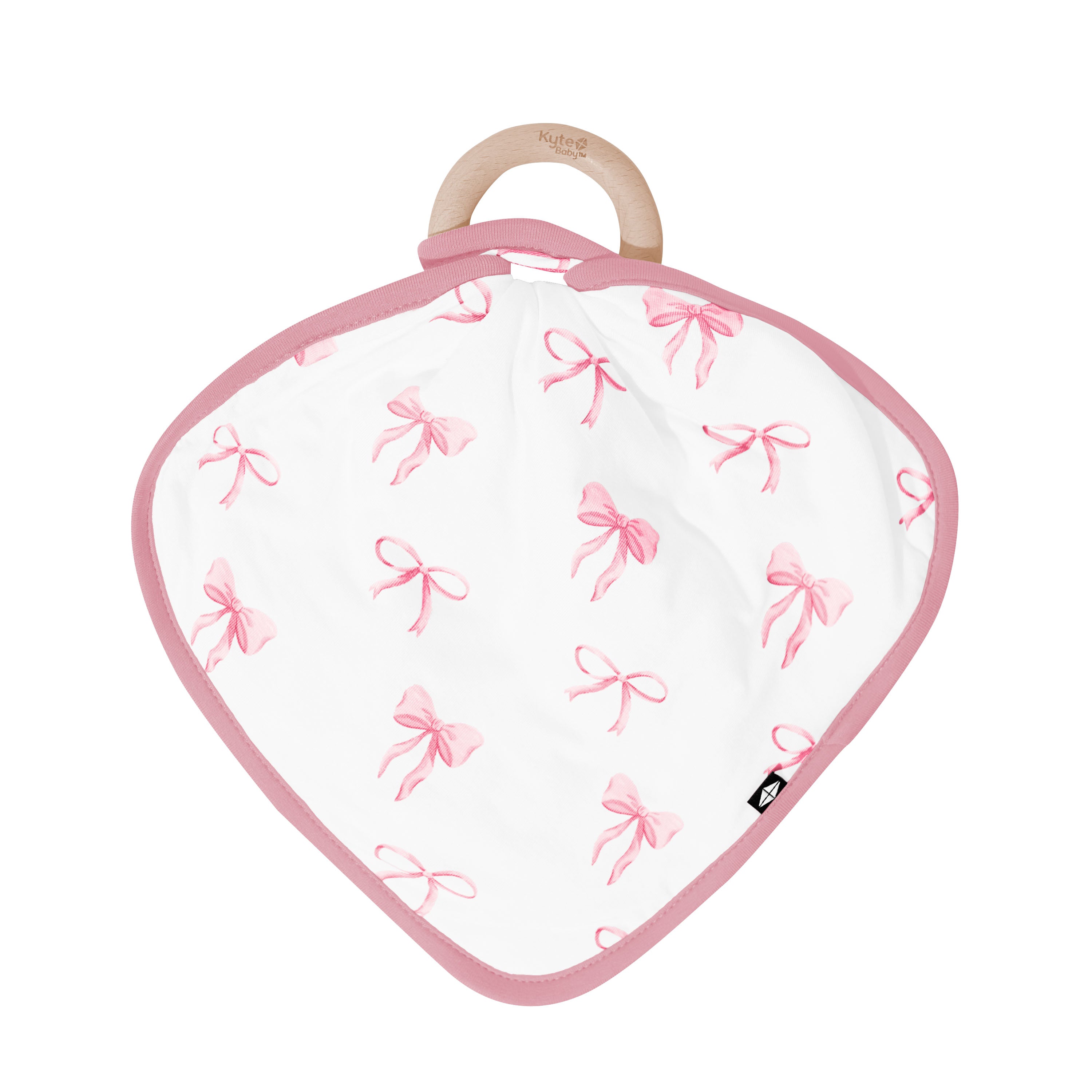 The front of the Lovey in Bow with Removable Wooden Teething Ring shown on the wooden ring