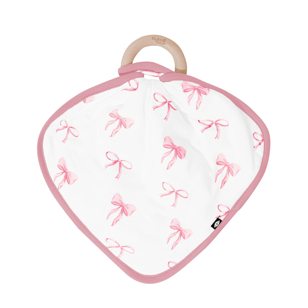 The front of the Lovey in Bow with Removable Wooden Teething Ring shown on the wooden ring