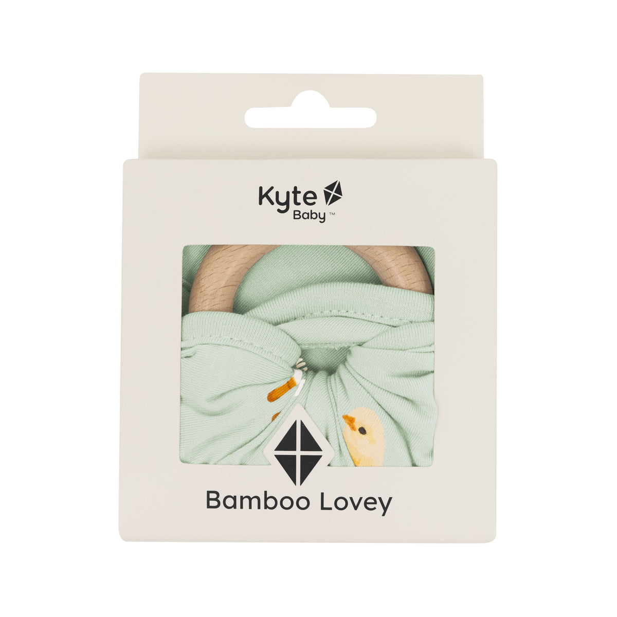 packaging of Lovey in Aloe Chick with Removable Wooden Teething Ring