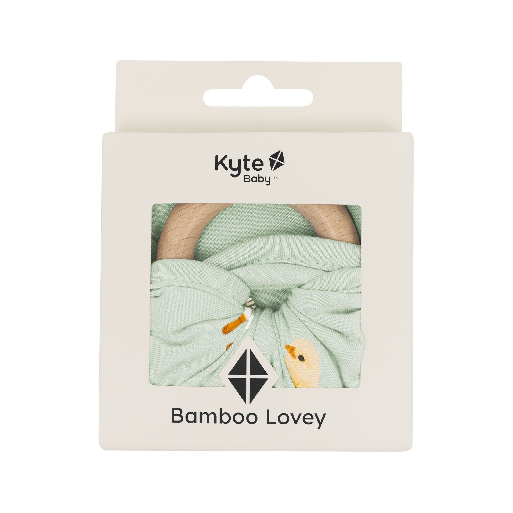 packaging of Lovey in Aloe Chick with Removable Wooden Teething Ring