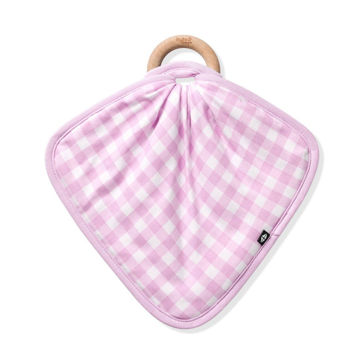 The front of the Lovey in Gingham Thistle with Removable Wooden Teething Ring knotted to a wooden ring