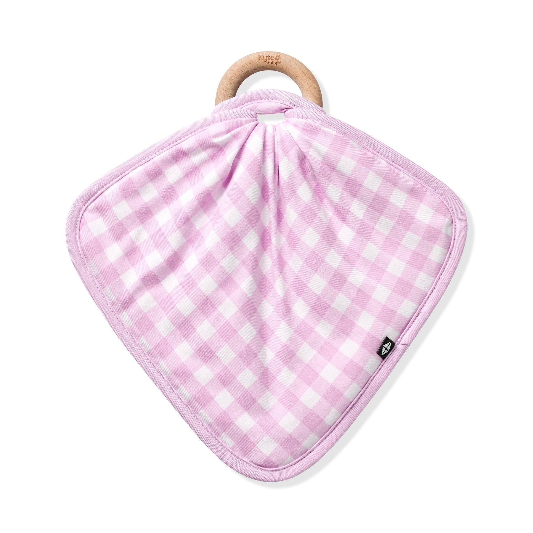 The front of the Lovey in Gingham Thistle with Removable Wooden Teething Ring knotted to a wooden ring