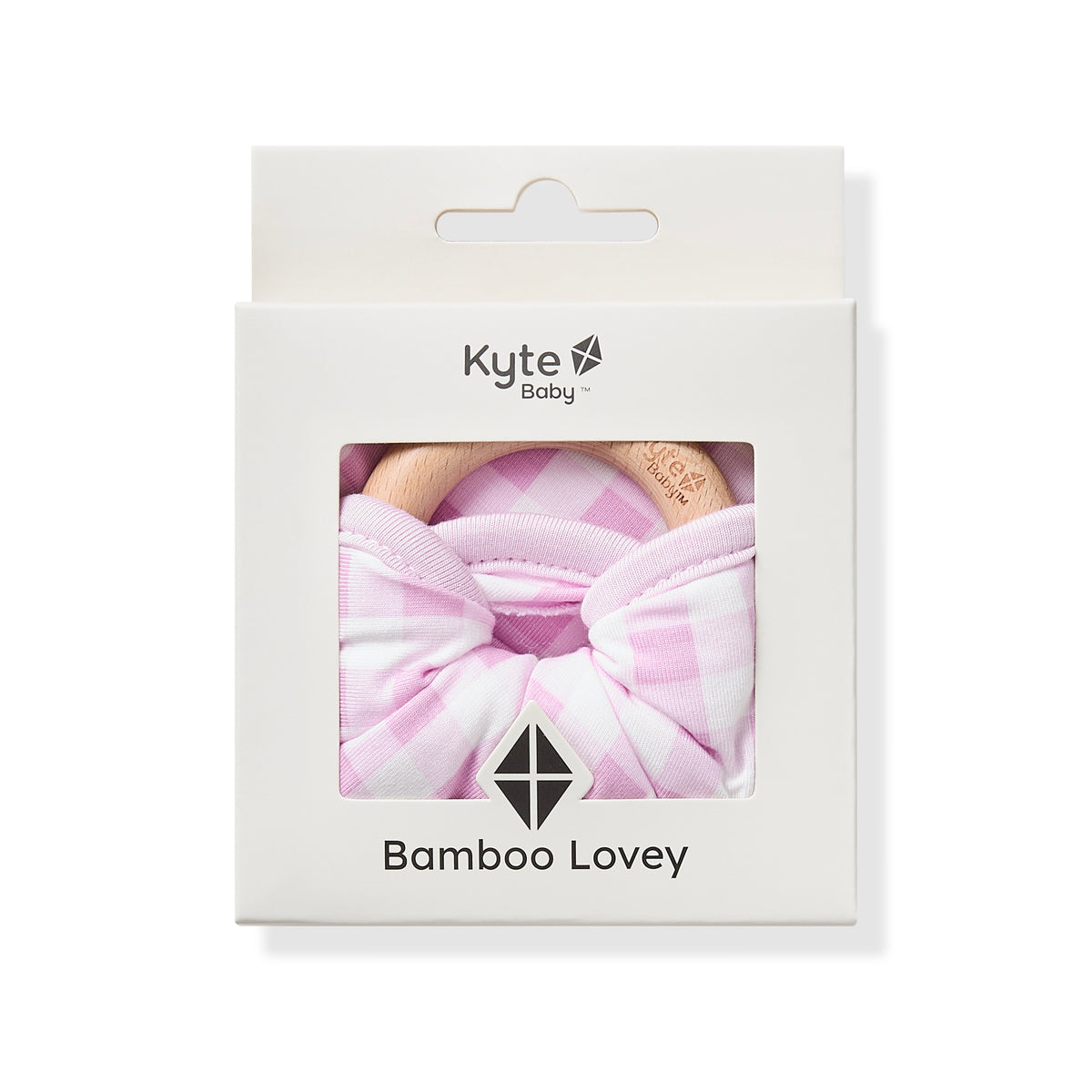 Lovey in Gingham Thistle with Removable Wooden Teething Ring shown in its packaging