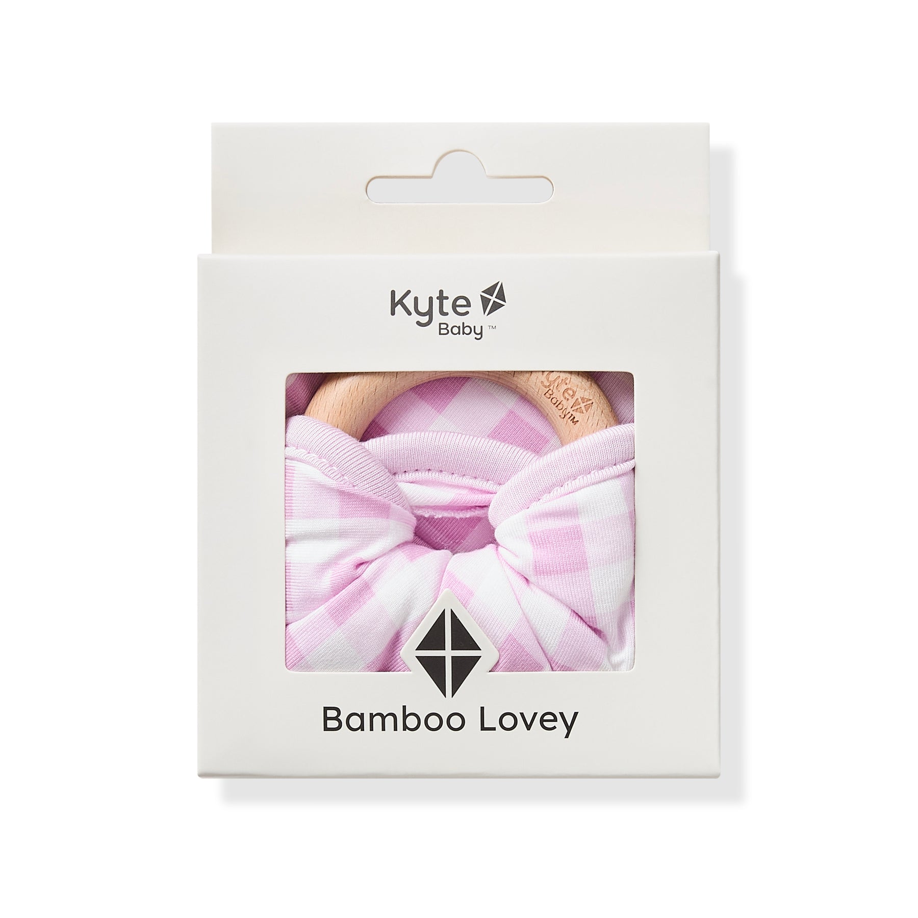 Lovey in Gingham Thistle with Removable Wooden Teething Ring shown in its packaging