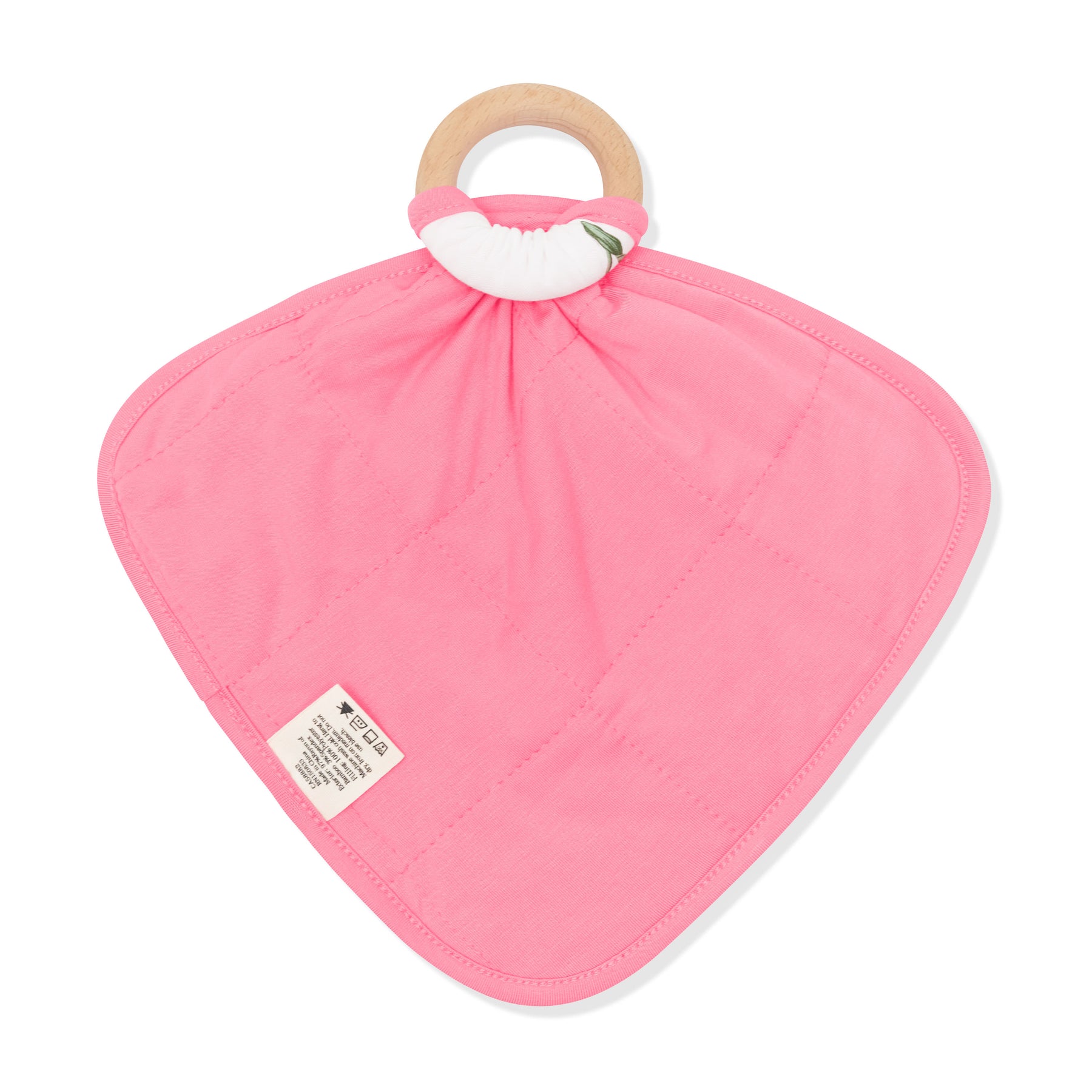 The back of the Lovey in Tulip with Removable Wooden Teething Ring showing the quilted pink backing
