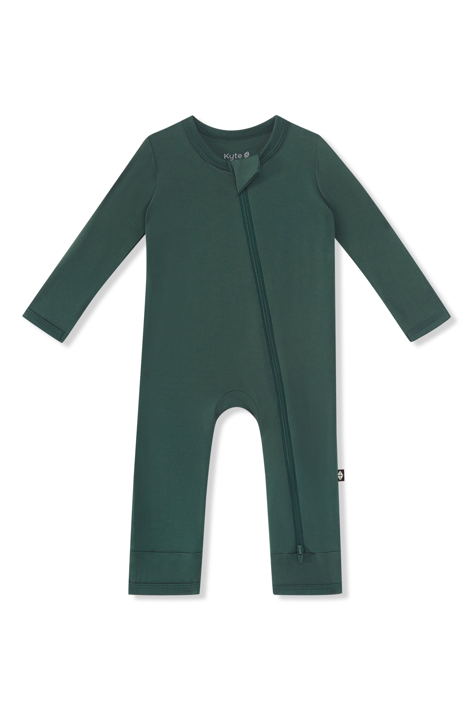 A dark green zippered romper with a front zipper laid flat on a white background.