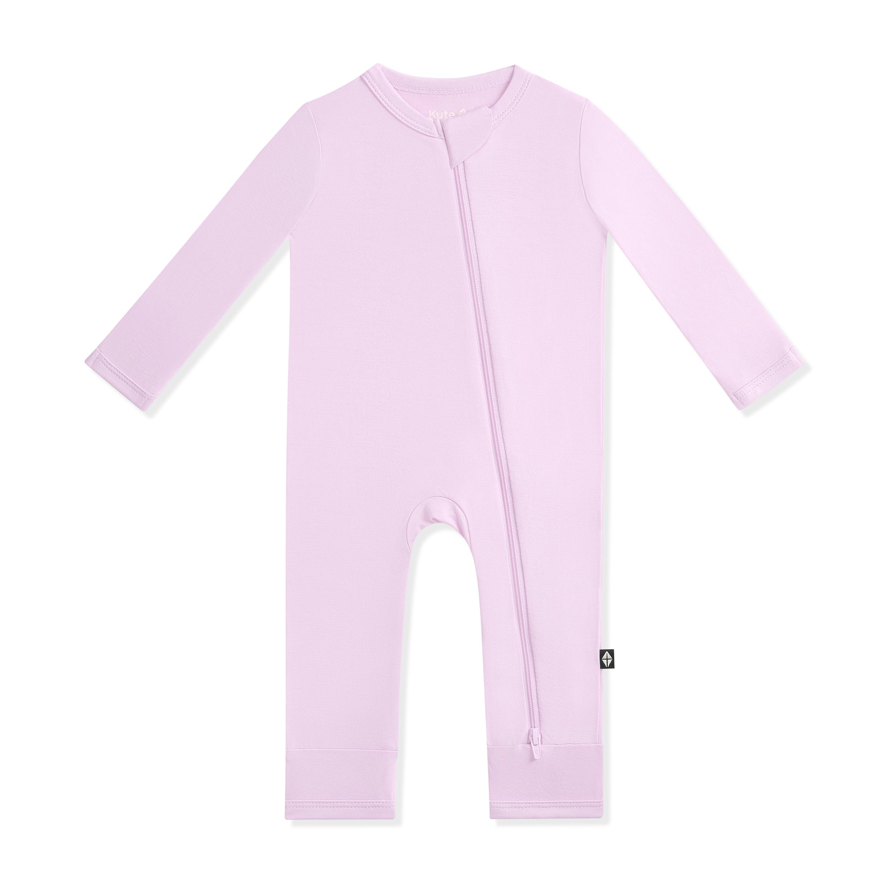 Lavender baby romper with a zipper on a white background