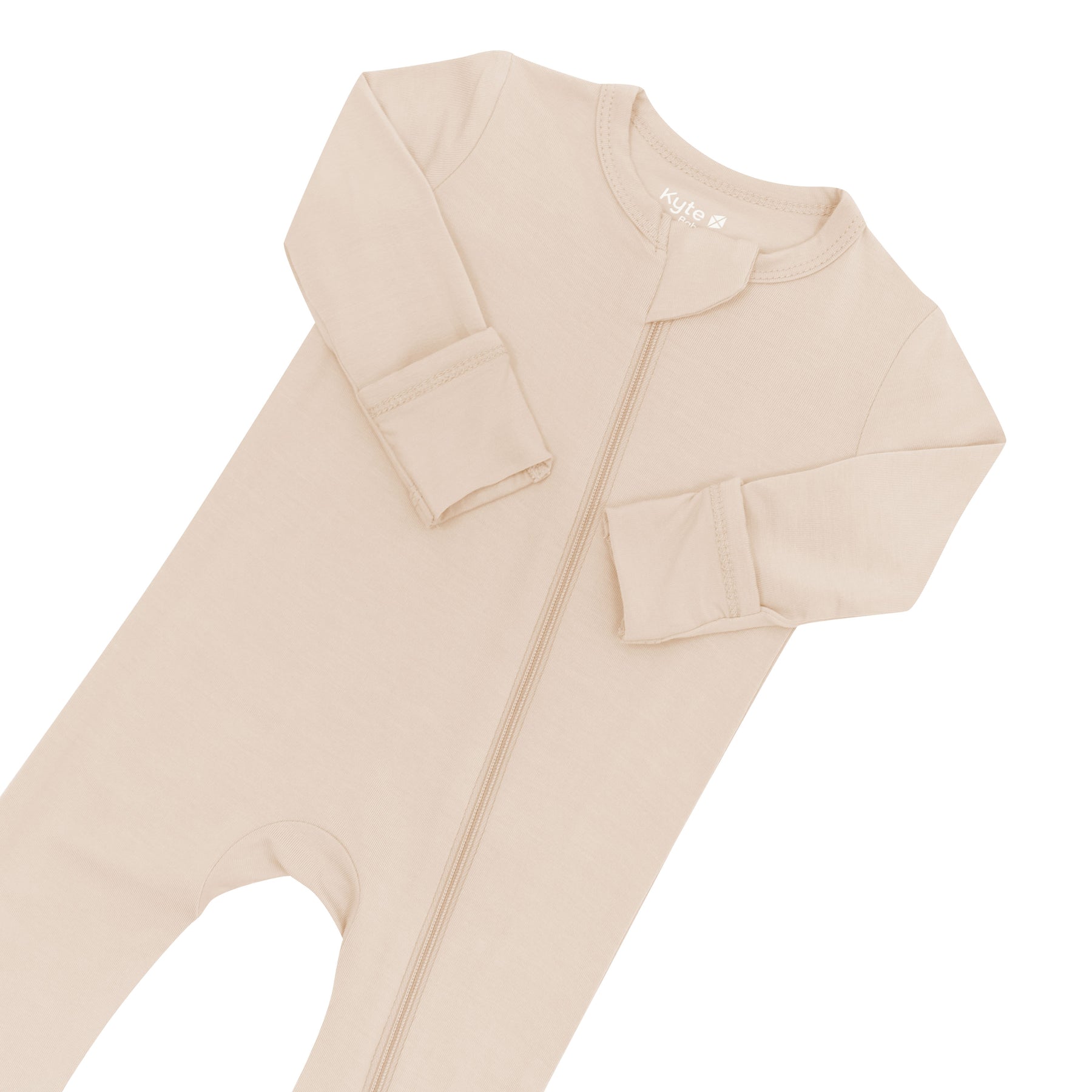 Close up of zipper garage and fold over hand cuffs on the Zippered Footie in Bisque