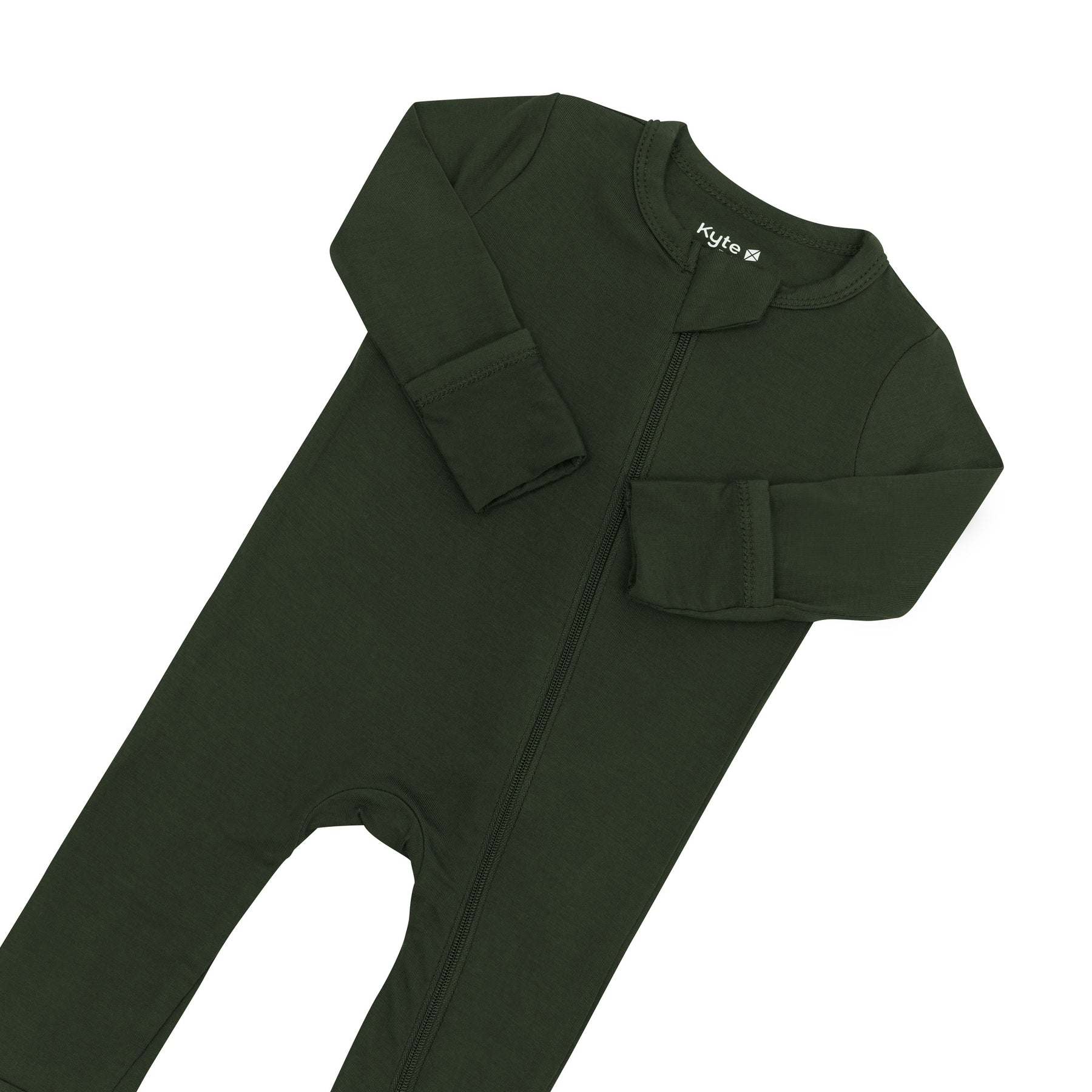 Close up of the zipper garage and fold over hand cuffs on the Zippered Footie in Fir