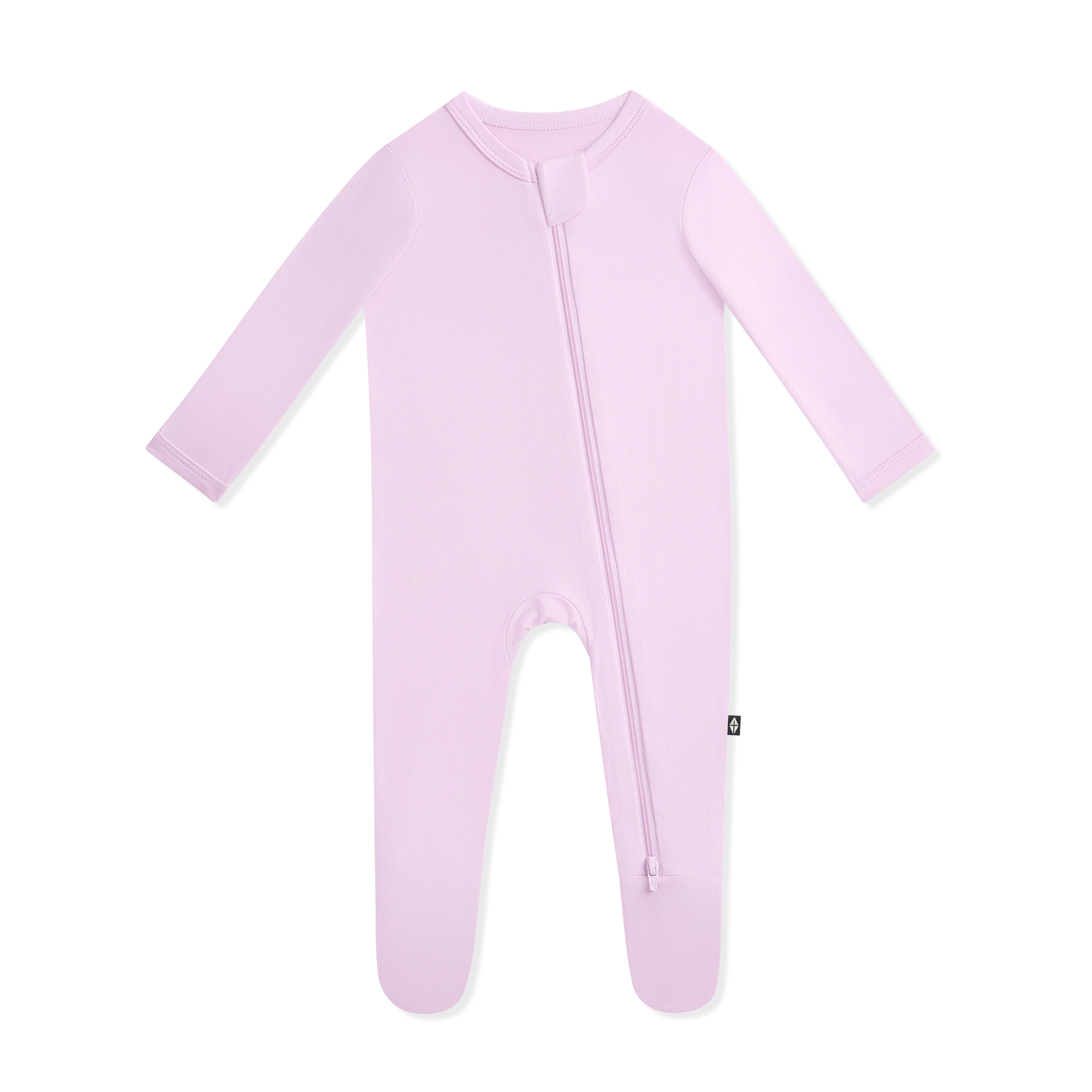 Purple baby footed onesie with a zipper on a white background