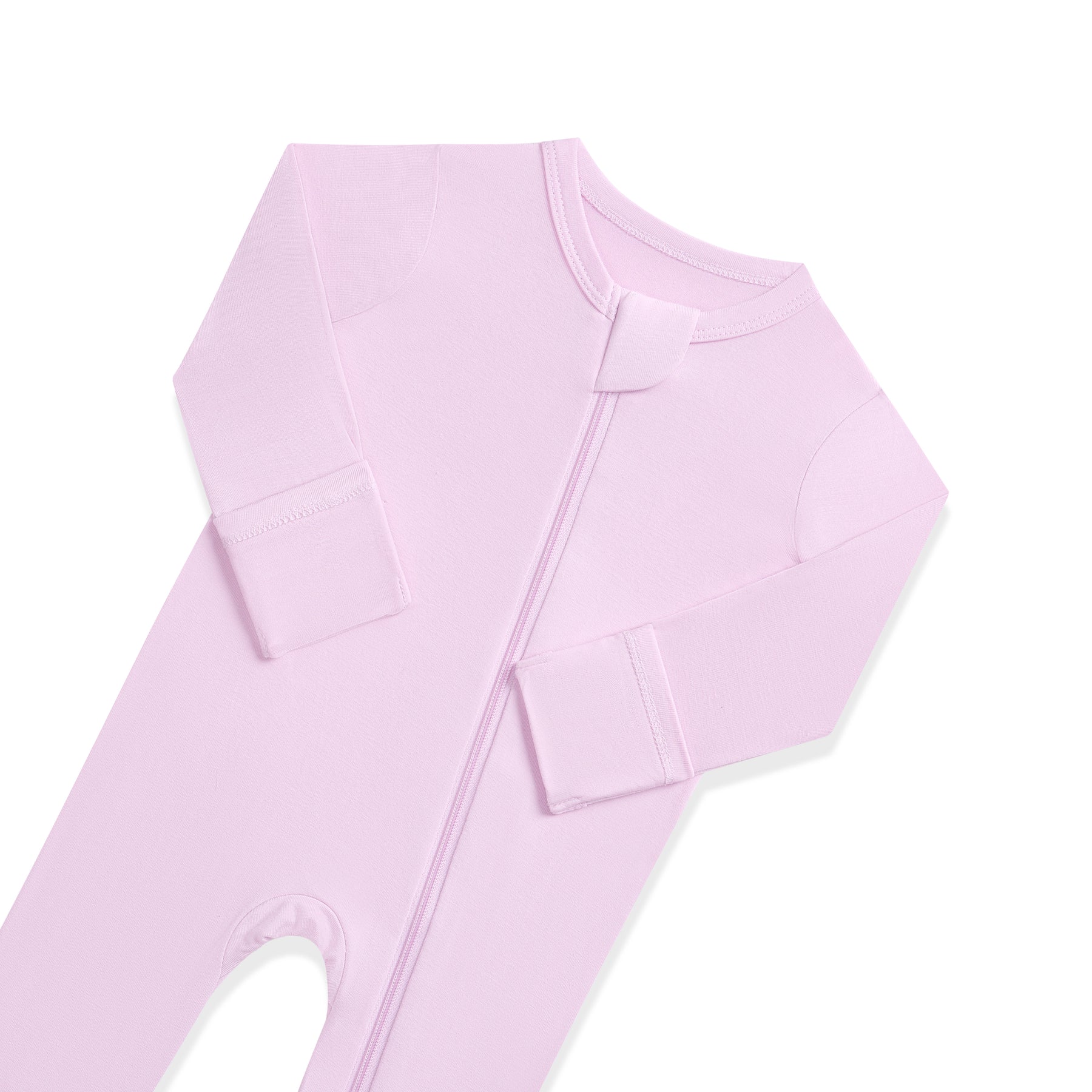 Lavender baby footie with a zipper on a white background